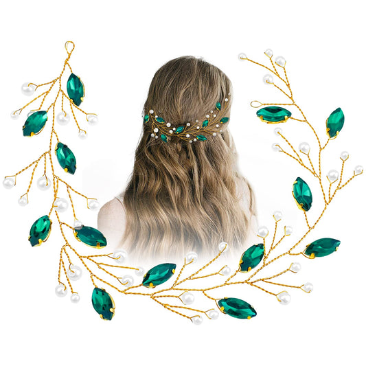 Aswewamt Green Pearl Crystal Bride Headband with Green Leaf Headpiece, Rhinestone Gold Jewelry Hair Vine for Women