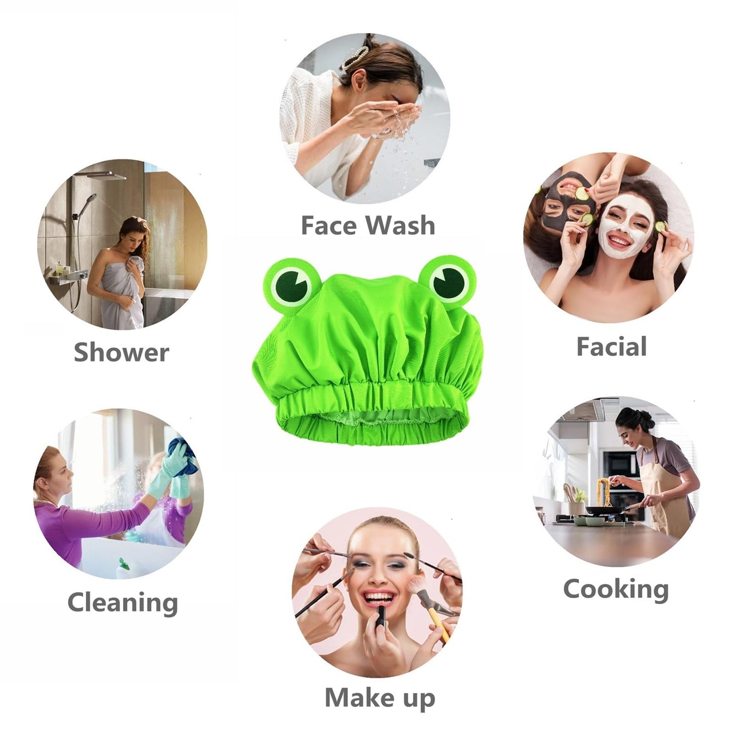LamaMe Shower Cap, Waterproof Reusable Double Layers Bath Cap Elastic Band Hair Cap Green Frog Shower Cap for Women Ladies Spa Salon, Small
