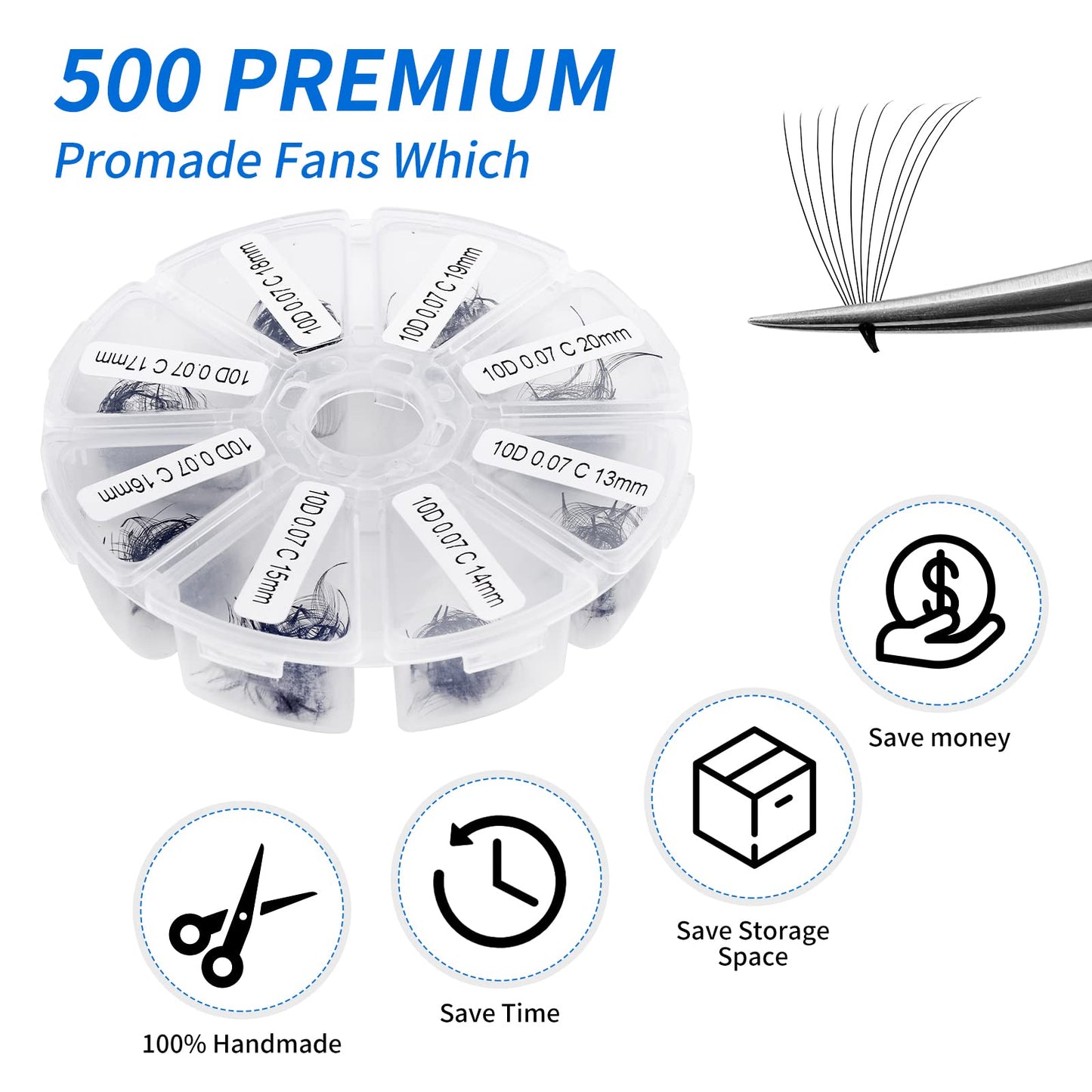 Volume Lash Extensions 10D Premade Fans Eyelash Extensions 500 PCS 0.07mm 13-20mm Mixed C/D Curl Short Stem Premade Volume Eyelash Extensions Pointed Base Fans(500PCS-10D-0.07-C, 13-20mm Mixed Tray)