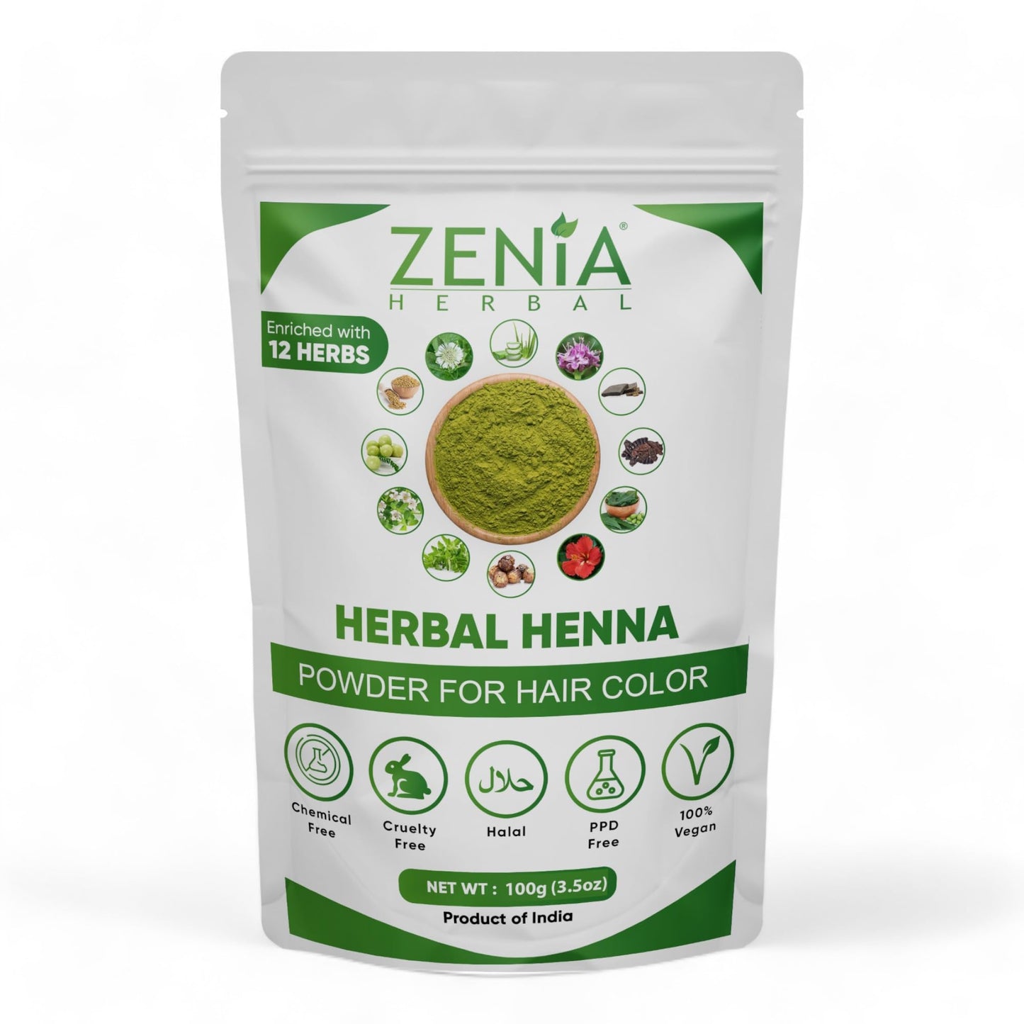 Zenia 100% Natural Herbal Henna Powder Hair Color Dye | With 10+ Herbs for Hair Growth and Loss Prevention (3.5oz)