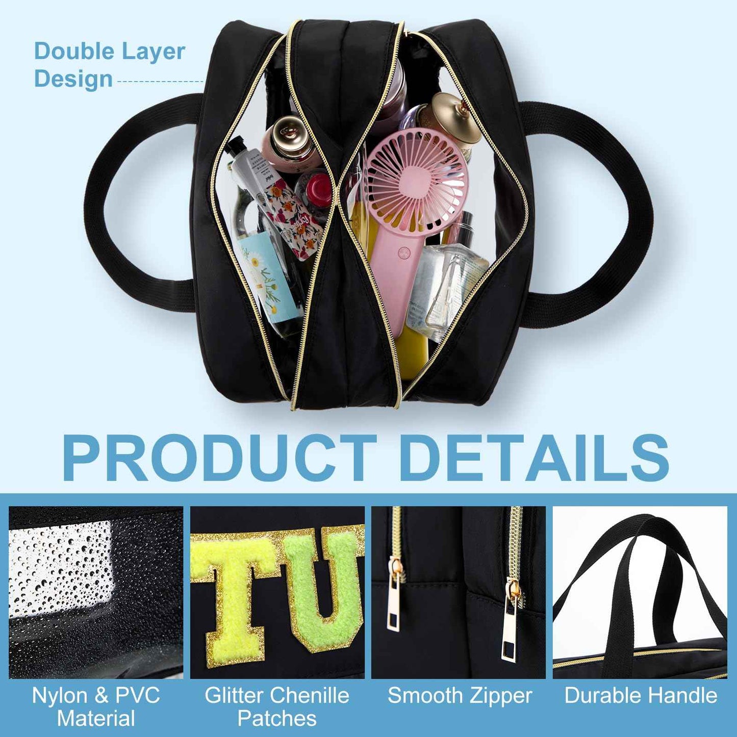Pinkunn Large Stuff Bags with Handle Double Zippered Chenille Letter Stuff Bag Black Extra Large Clear Travel Pouch Waterproof Nylon Makeup Cosmetic Bag for Women Girls Travel Toiletry Supplies