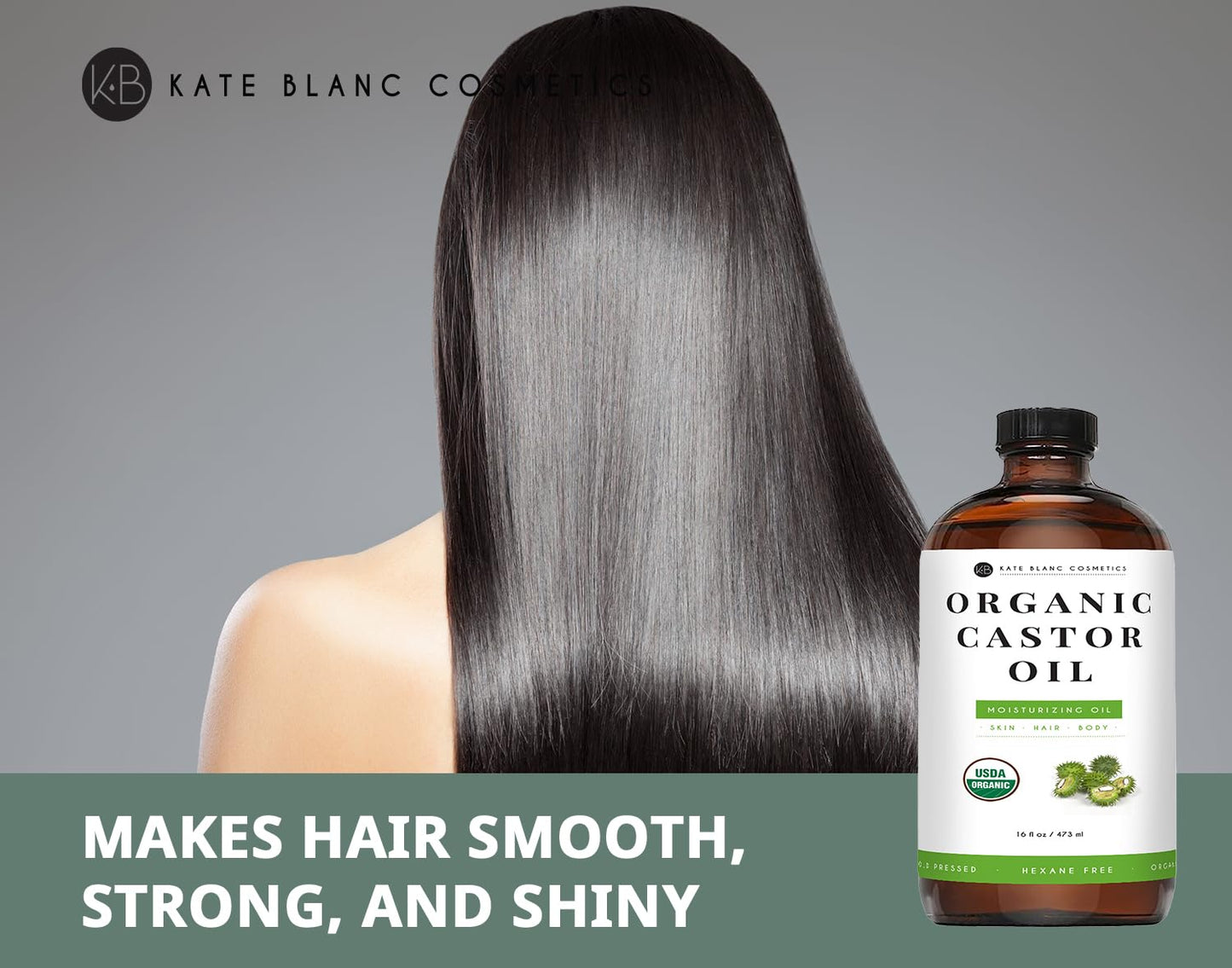 Kate Blanc Cosmetics Castor Oil Organic for Hair Growth & Body (16oz). 100% Pure Cold-Pressed, Hexane-Free Unrefined in Glass Bottle