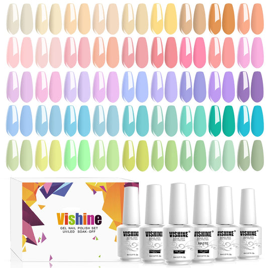 Vishine 48Pcs Pastel Gel Nail Polish Kit with Gel Base Top Coat Macaron Colors Collection Bright Uv Gel Nail Art Solid Colors Decorations for Women Girls Christmas Gift