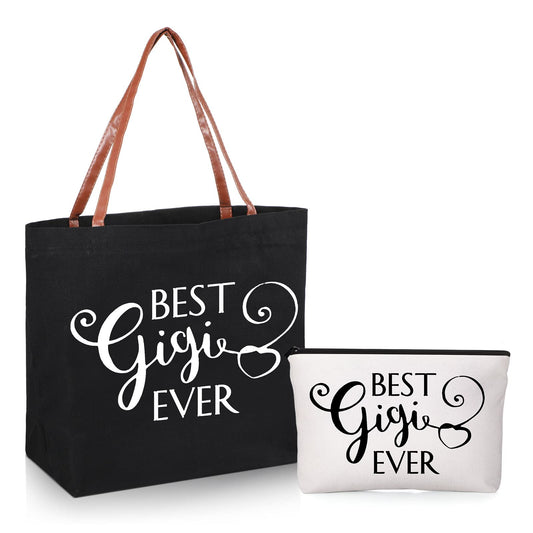 Sieral 2 Pieces Gigi Gifts Mother's Day Gifts Best Ever Tote Bag with Zipper Leather Belt and Make up Bag Grandma Birthday Gifts for Mom Grandma Shopping Beach Travel