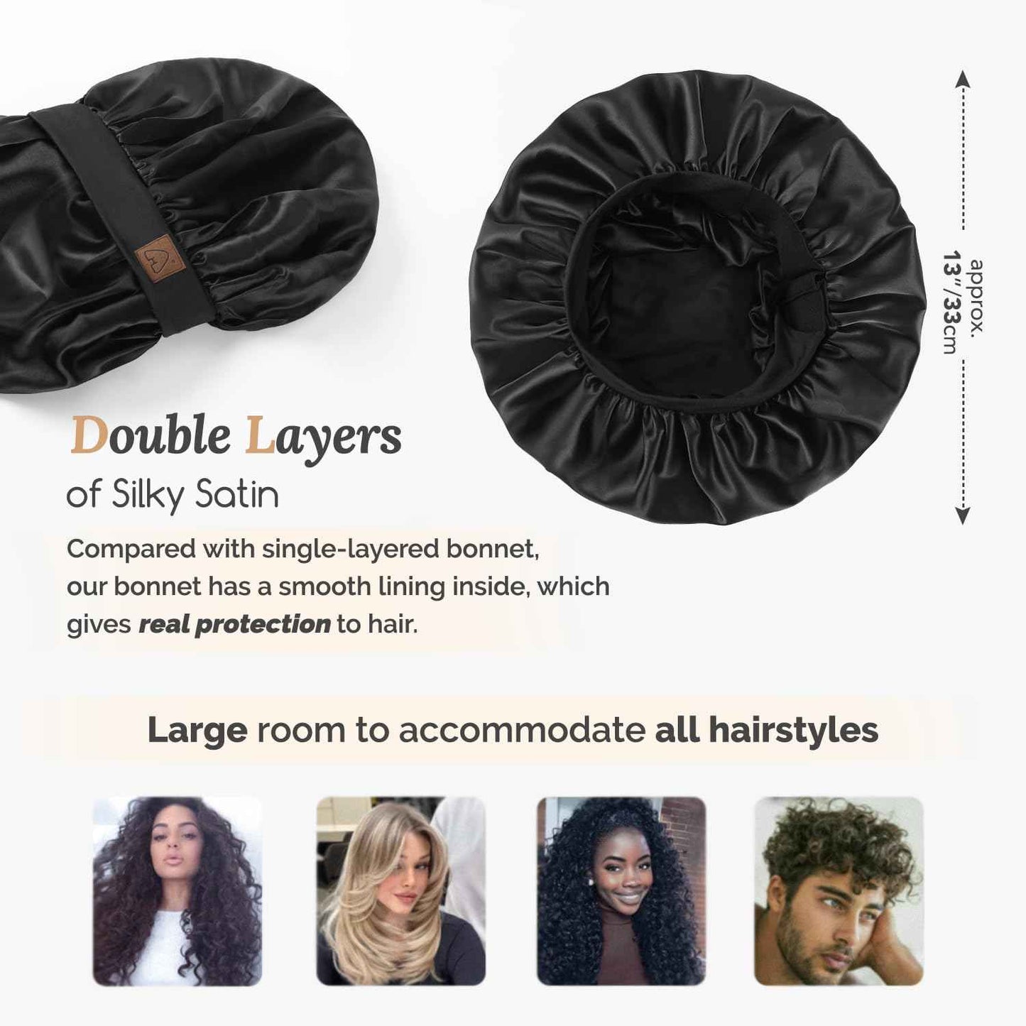 Hat Hut Satin Bonnet Silk Bonnet Sleep Cap for Women Hair Bonnet for Curly Natural Hair Sleeping Adjustable Wide Band Double Layer (Black)
