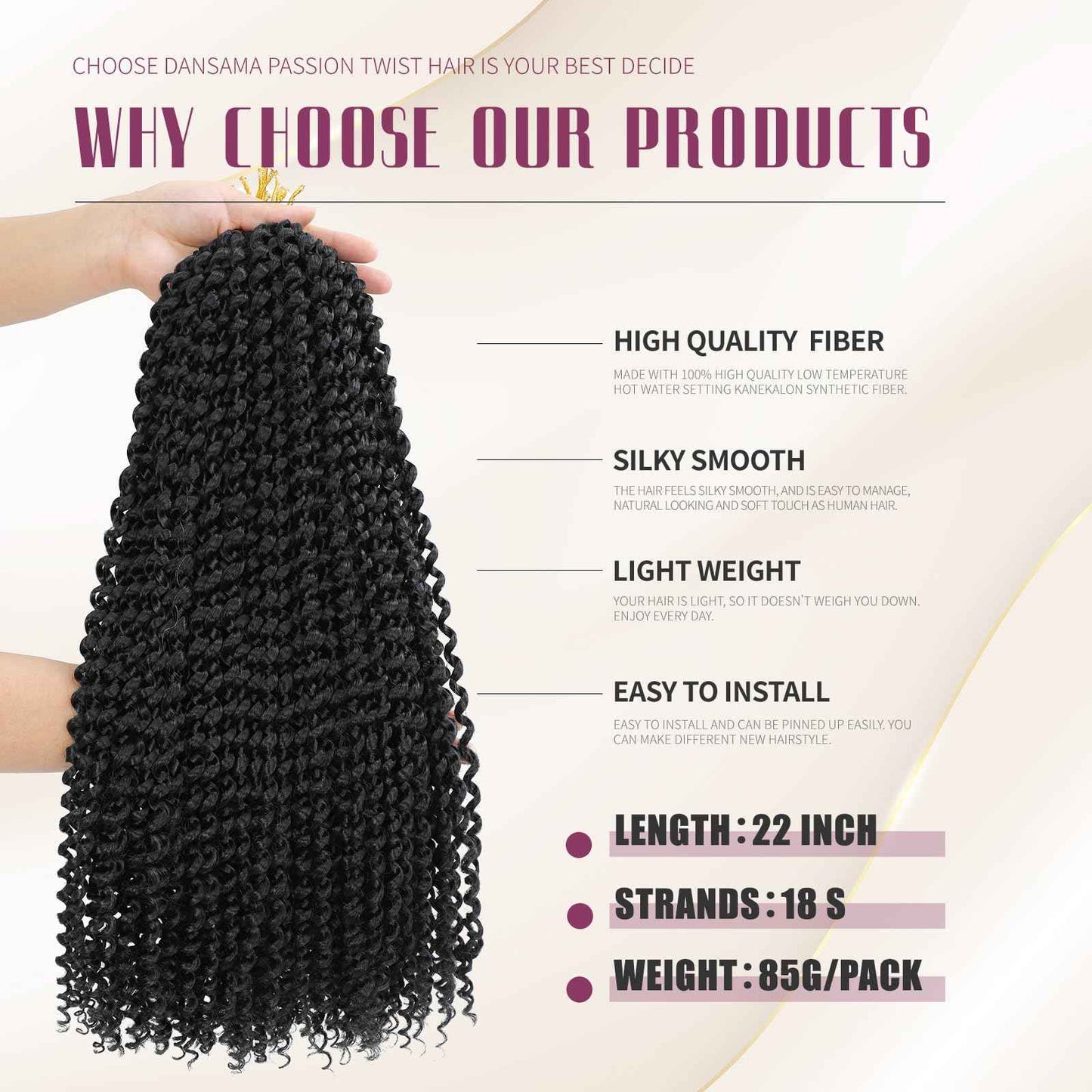 Dansama 7 Packs Passion Twist Hair Water Wave Braiding Hair for Butterfly Style Crochet Braids Bohemian Hair Extensions (22inch (Pack of 7), #1B)