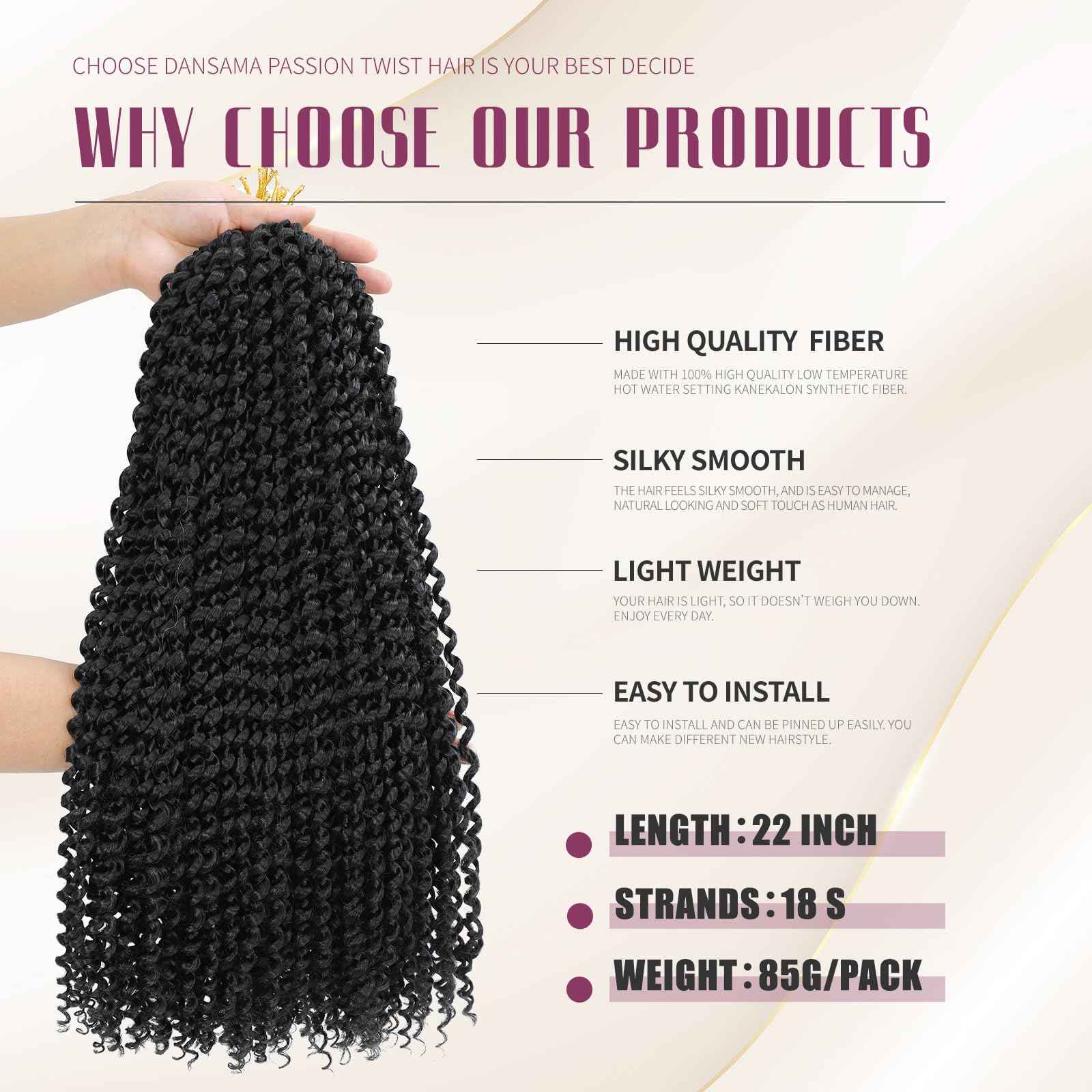 Dansama 7 Packs Passion Twist Hair Water Wave Braiding Hair for Butterfly Style Crochet Braids Bohemian Hair Extensions (22inch (Pack of 7), #1B)