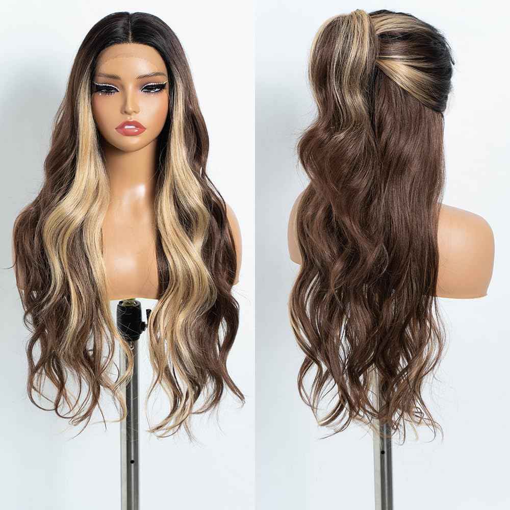 Rebecca Q Long Wavy Synthetic Lace Front Wig for Women 30 inches Middle Part Natural Hairline Heat Resistant Fiber Wigs for Daily Party (Blown Blonde)