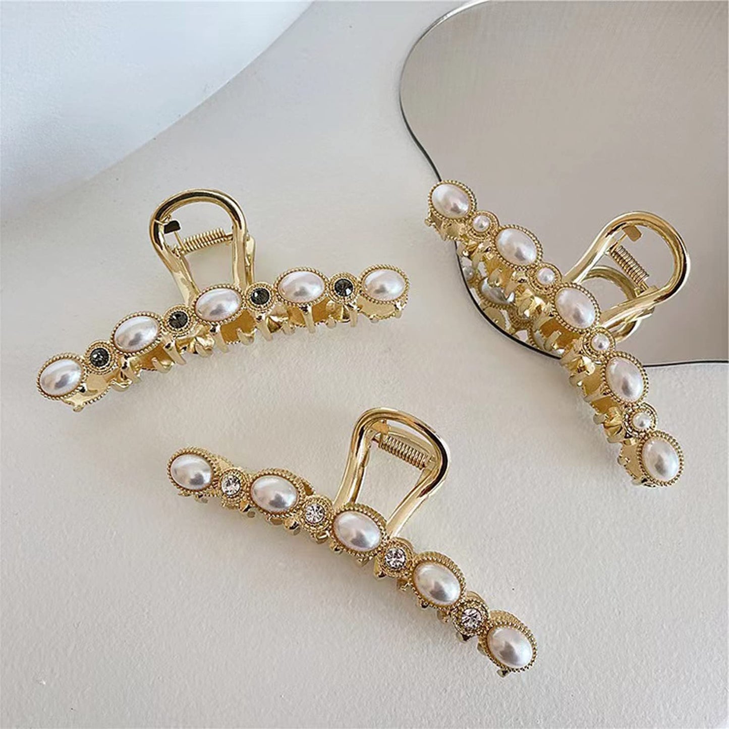 Agirlvct Pearl Hair Clips, Gold Hair Claw Clip Strong Hold, Big Fancy Hair Jaw Clips Nonslip with Rhinestone and Pearl,Summer Claw Clips Styling Birthday Gift for Women Girls Long Thick Hair(3 Pack)