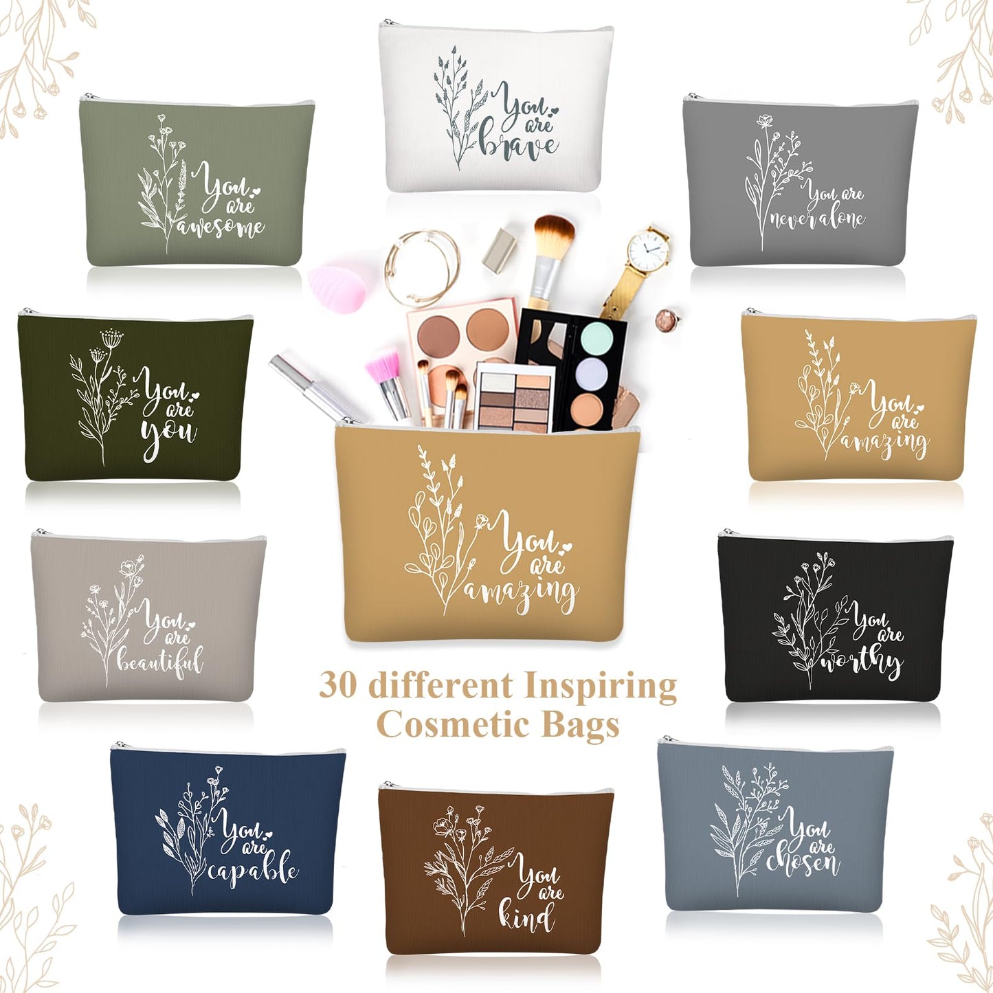 Coume 30 Pcs Inspirational Canvas Makeup Bags Bulk for Women Motivational Cosmetic Bag with Zipper Travel Makeup Pouch for Girls Women Teachers Nurse Coworkers Volunteer Group Team Gifts(Aesthetic)