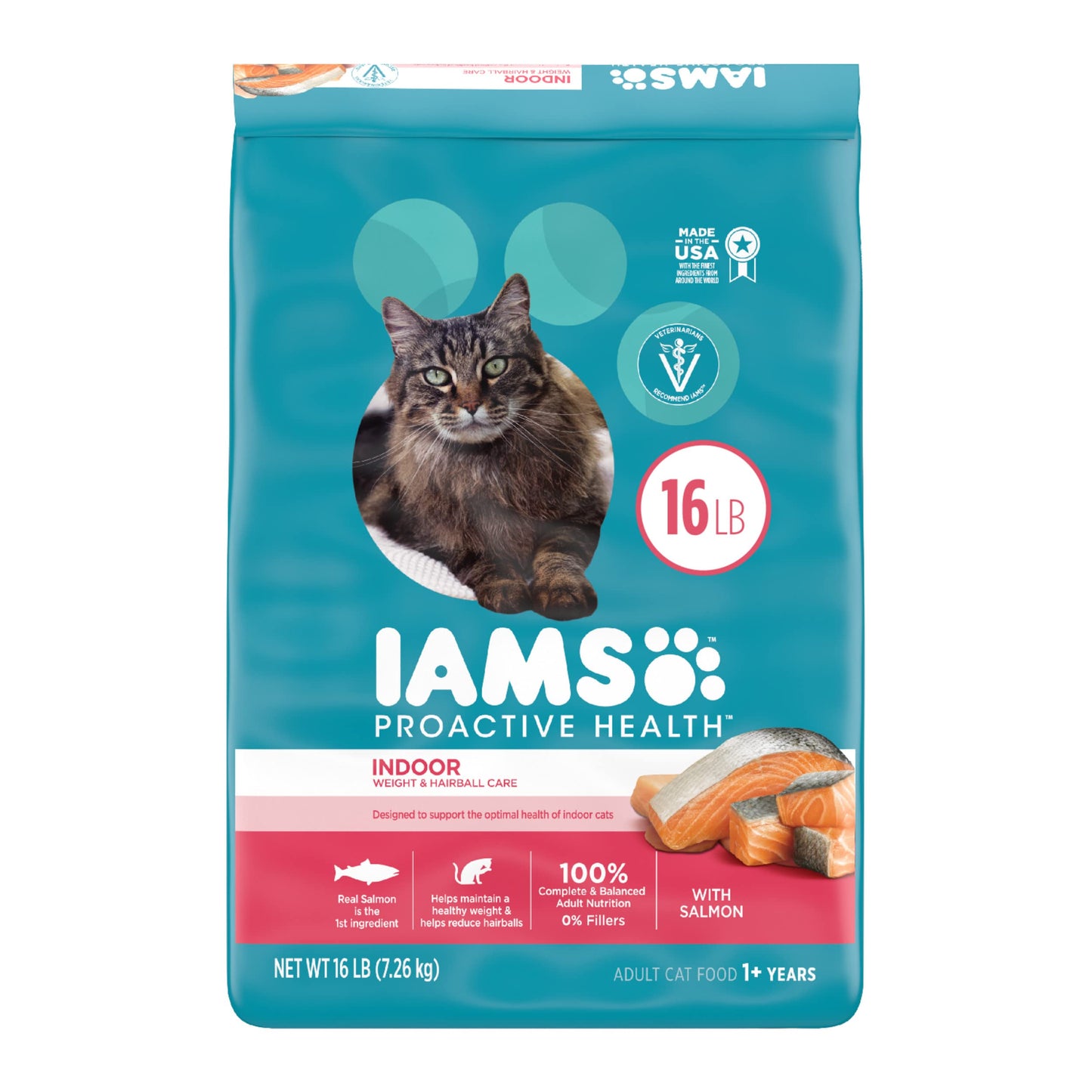 Iams Proactive Health Indoor Weight & Hairball Care Adult Dry Cat Food with Salmon, 16 lb. Bag