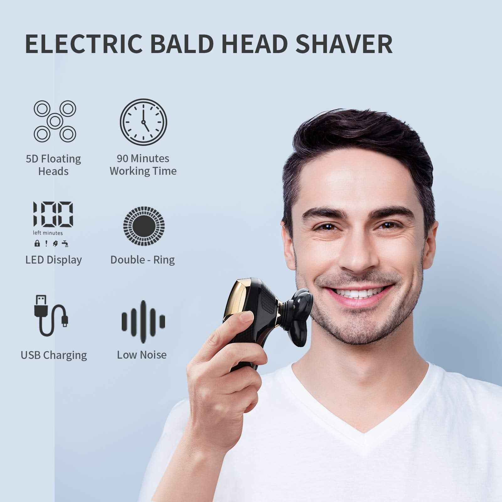 HONTEC 4 in 1 Electric Head Shaver Set - Bald Shaver, Wet & Dry, Cordless, with Nose & Ear Trimmer, Facial Cleansing, Rechargeable, IPX6 Waterproof