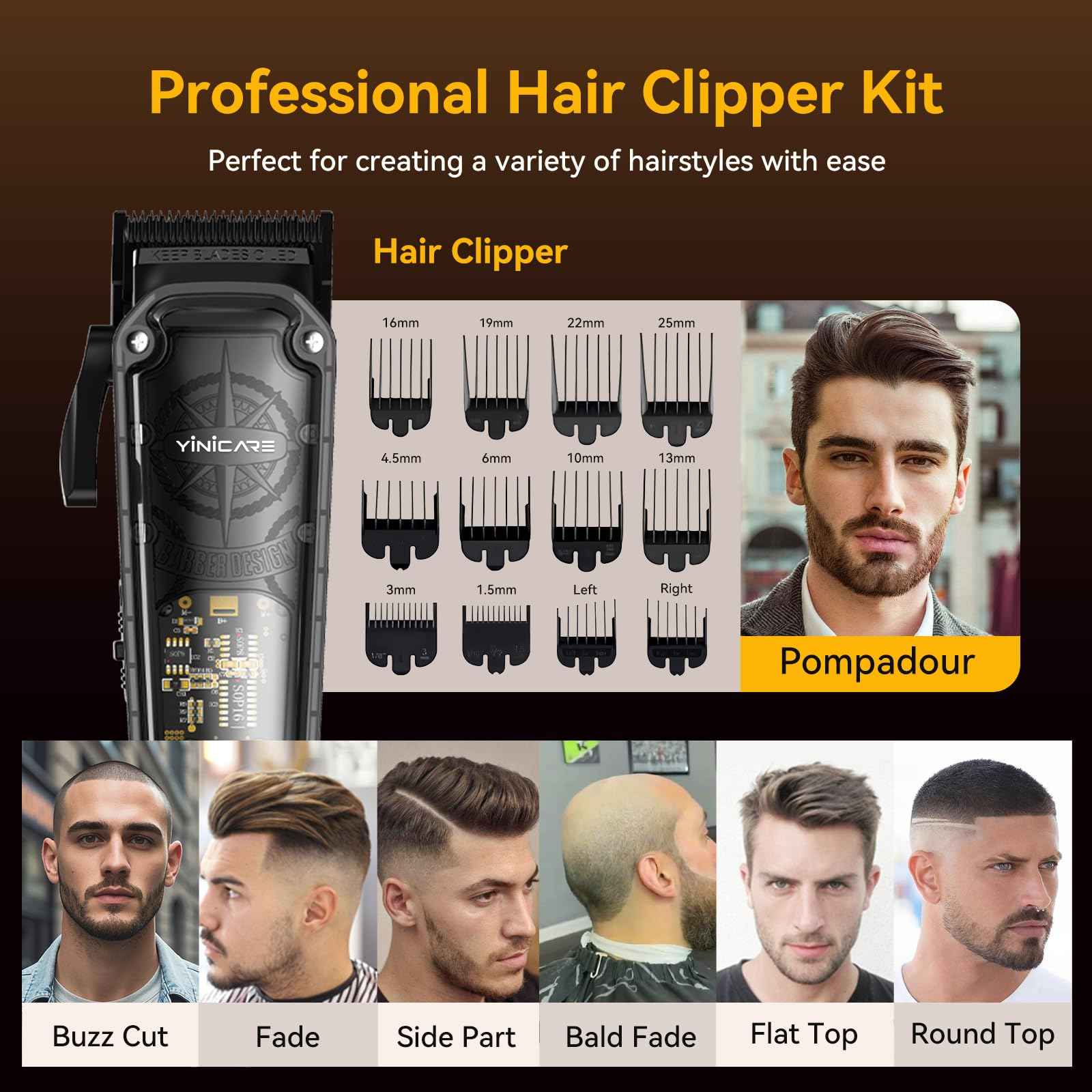 Hair Clippers for Men Barber Kit - Yinicare Professional Cordless Electric Hair Cutting Set with Pomade Hair Clipper, Zero Gap T-Blade Trimmer, Guards for Mens Haircut (Hair Clippers Set)