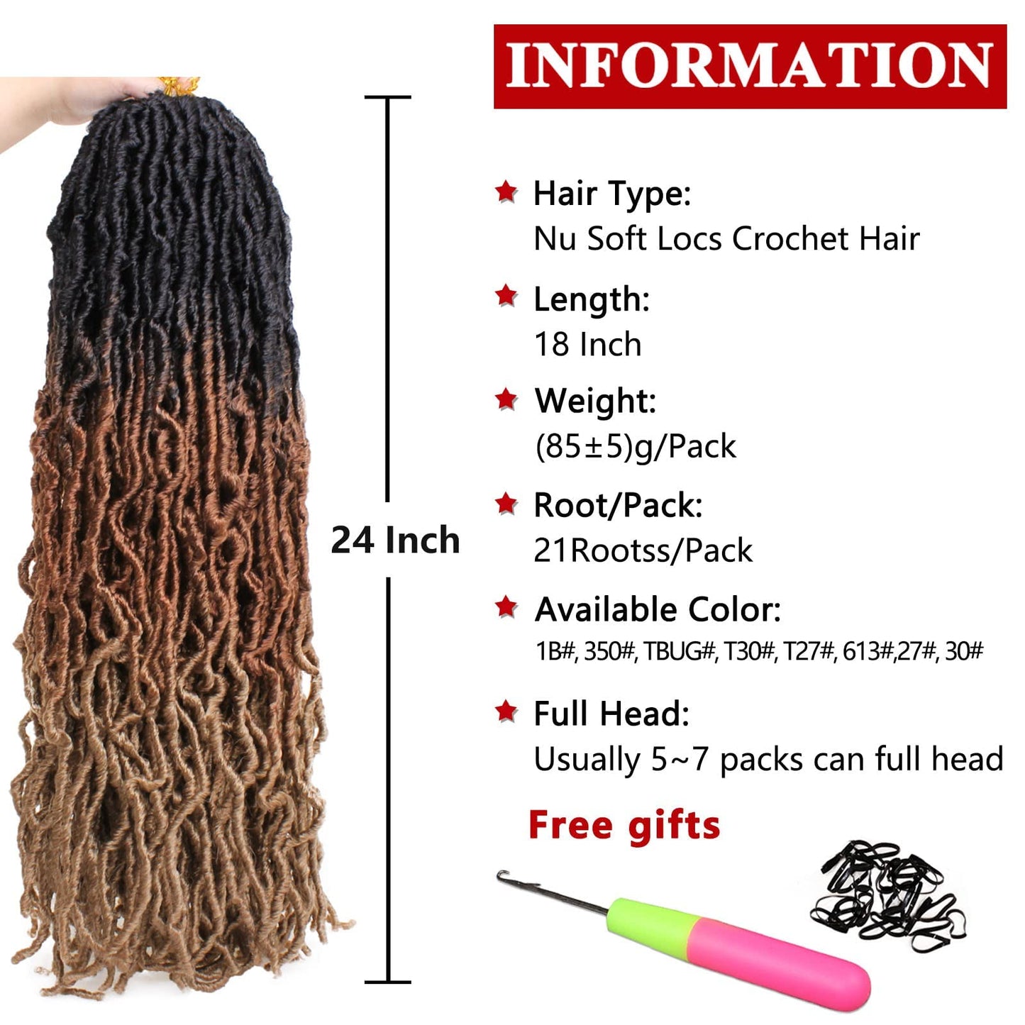 Xtrend 2 Packs New Faux Locks Crochet Braids Hair 24 Inch Most Natural Soft Locks Crochet Hair Extend Synthetic Braiding Hair 18 Strands Hair Extensions For Women 1B3027#