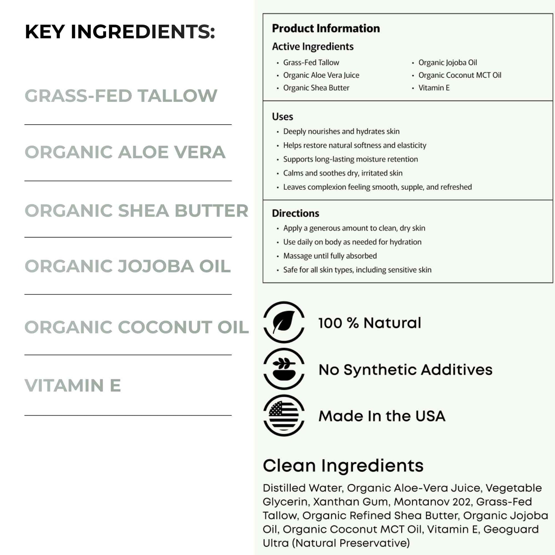 Clean + Kind Daily Moisturizing Lotion – Tallow Body Lotion with Aloe Vera, Shea Butter, Jojoba Oil, MCT Oil & Vitamin E – Deep Hydration for Dry, Rough, Sensitive Skin (8 oz, Vanilla)