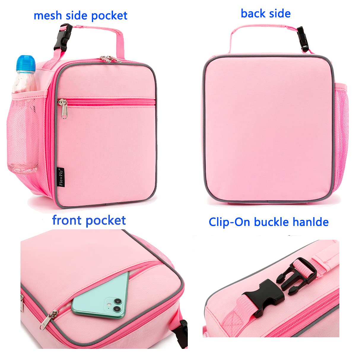 FlowFly Kids Lunch box Insulated Soft Bag Mini Cooler Back to School Thermal Meal Tote Kit for Girls, Boys, Pink