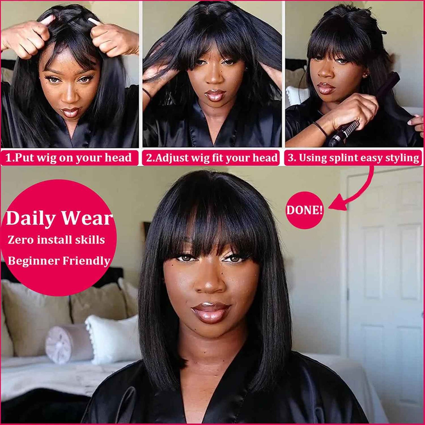 Lusina Bob Wig Human Hair with Bangs Glueless 2x4 HD Lace Colsure Wigs Human, Ready to Go Short Wigs For Women Beginner Friendly (Black, 12 Inch)
