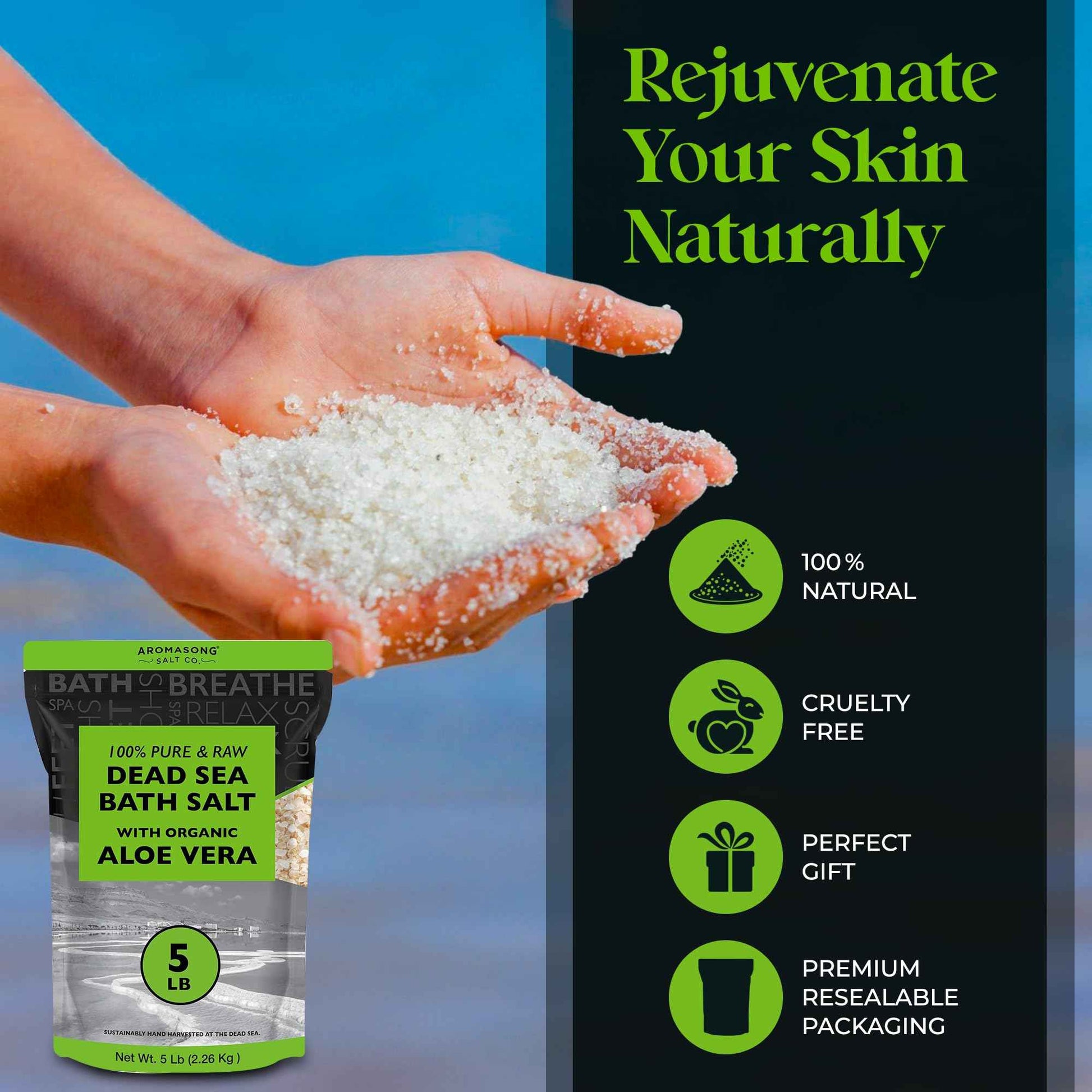 Aromasong 5 lbs Raw Dead Sea Salt with Organic Aloe Vera, not Cleaned, Still Contains All Dead sea Minerals Including Dead sea Mud, Fine Medium Grain Large resealable Bulk Pack (Packaging May Vary)
