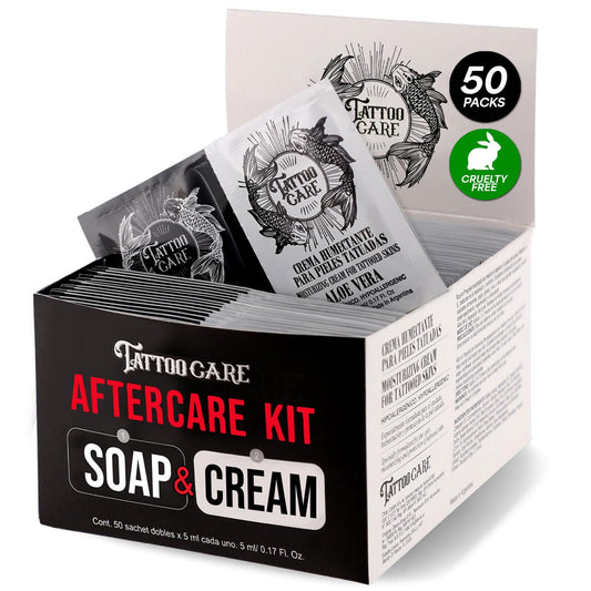 Tattoo Aftercare Kit - Cream and Soap (50-Pack), Brightening Formula for Tattoo Artists & Travel - Ink Hydration Tattoo Lotion Pillow Packs, 50x 0.17 oz