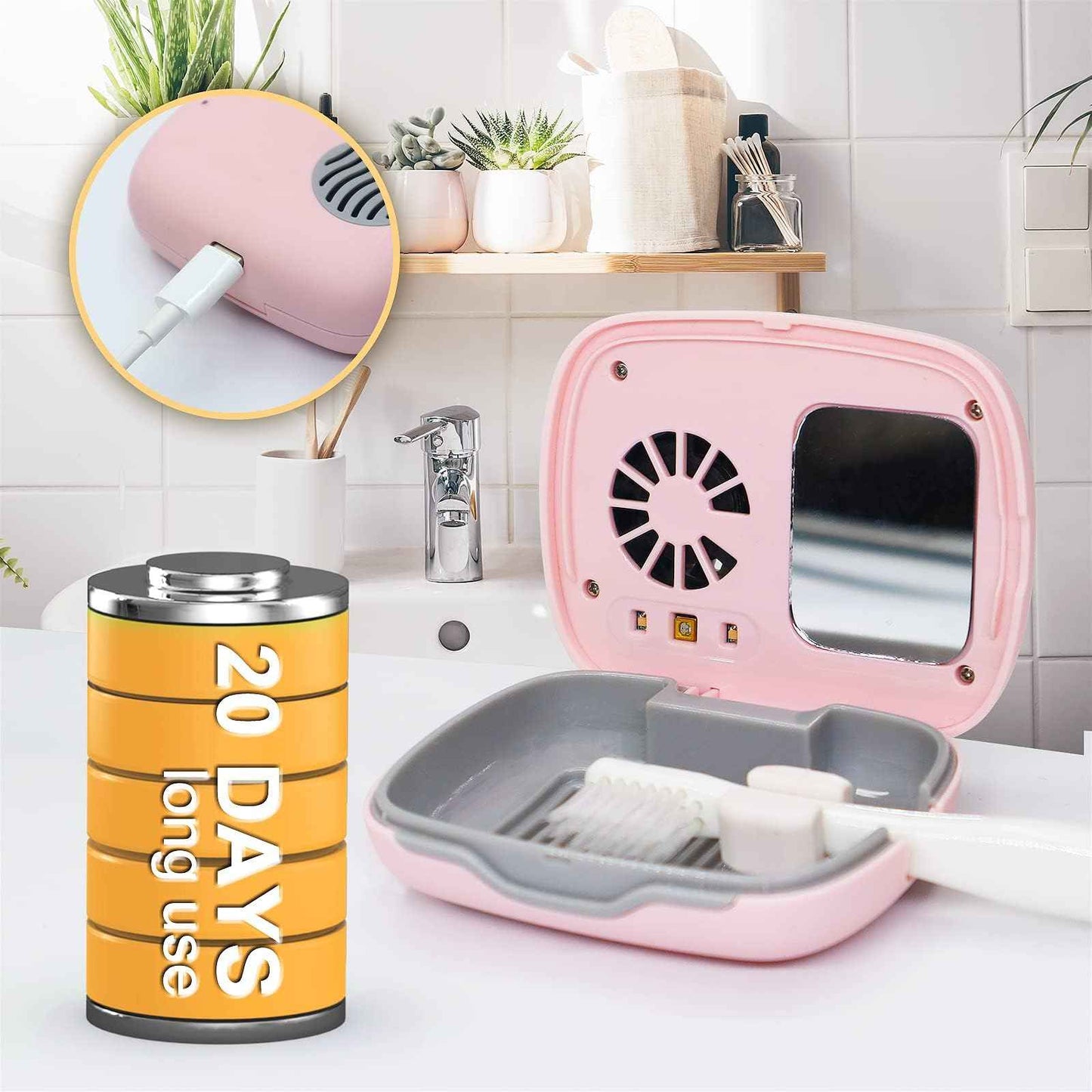 BY4U Mini Travel Toothbrush Cover with Air Drying Fan, Toothbrush Travel Case with Drying Lamp Rechargeable Portable Toothbrush Container Toothbrush Holder (Pink)