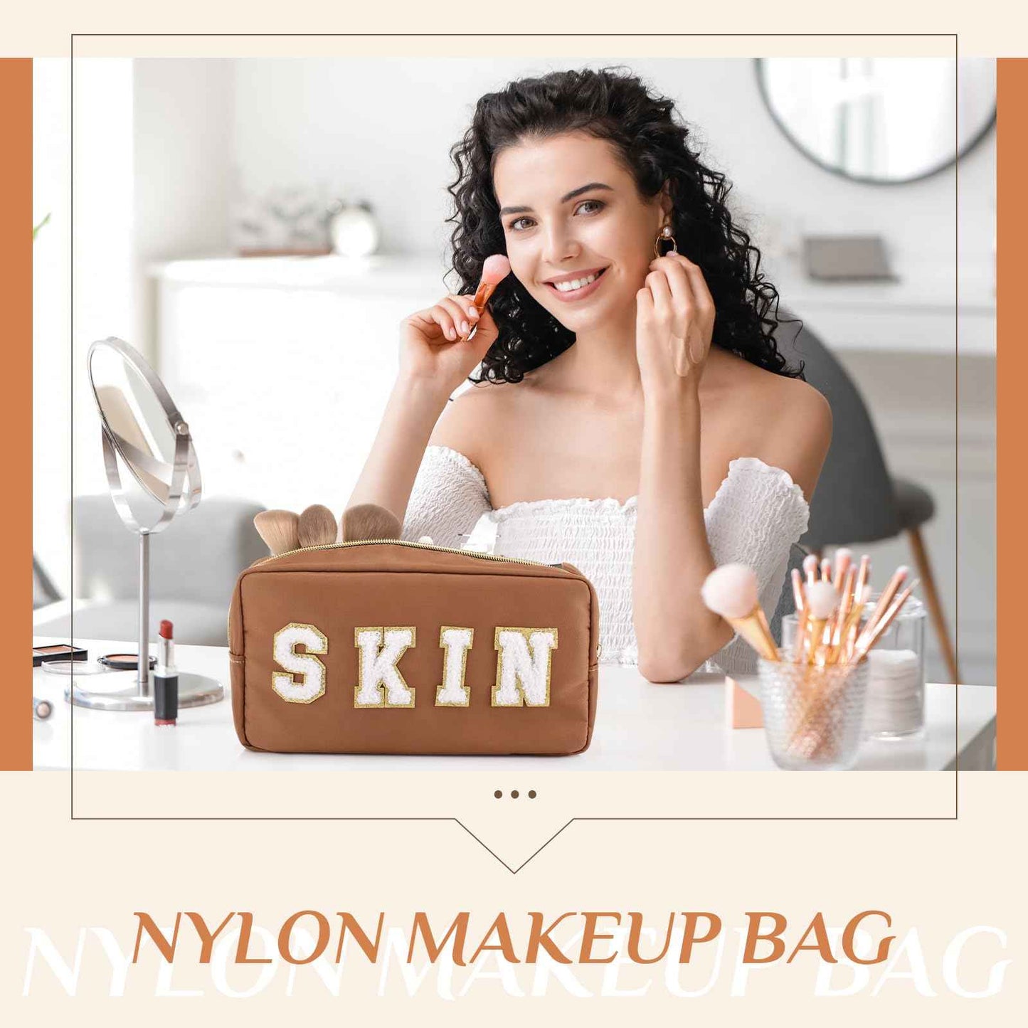 Cunno 4 Pcs Preppy Makeup Bags Chenille Letter Stuff Bag Nylon Cosmetic Pouch Cases with Zipper for Women Travel Toiletry(Brown Set,Vivid)