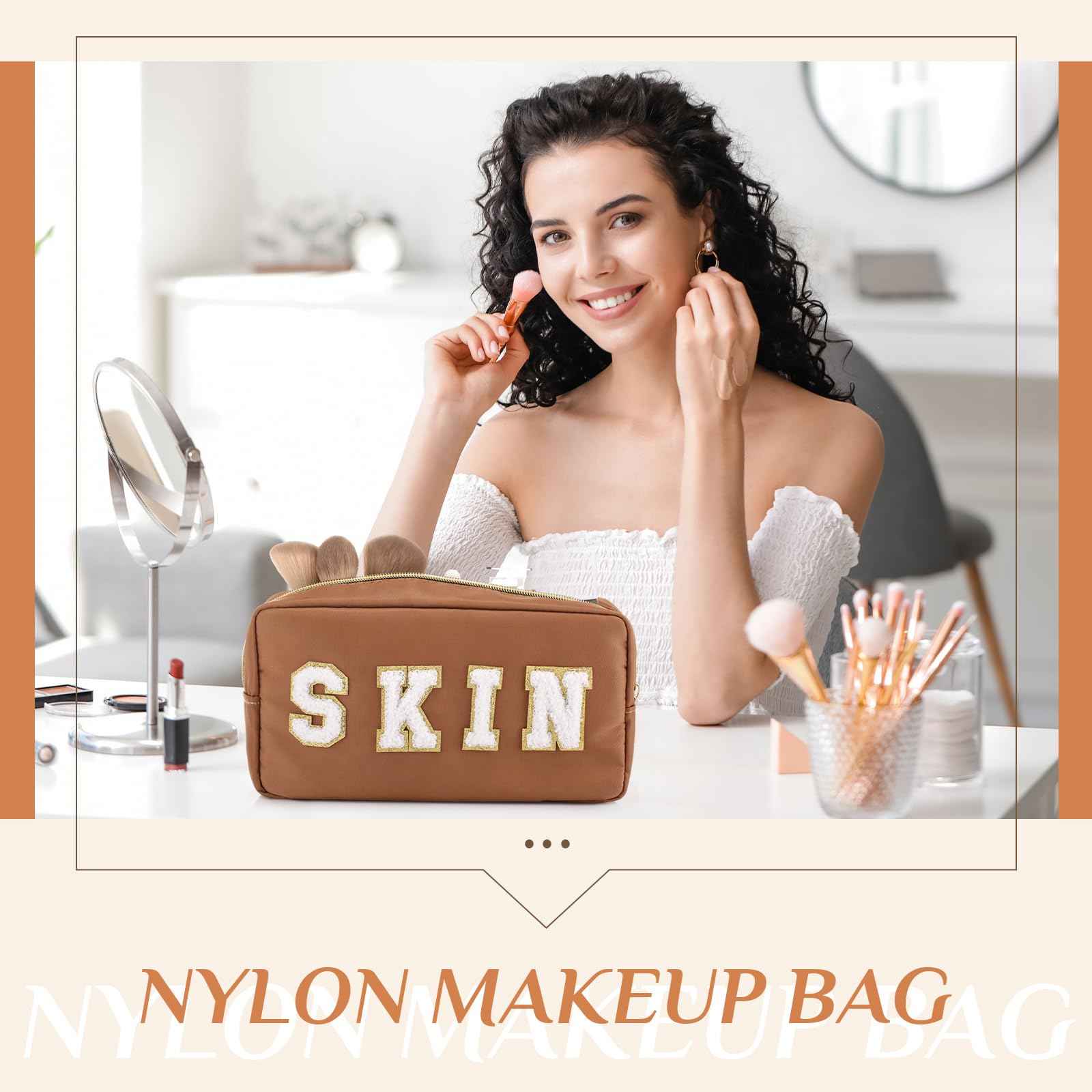 Cunno 4 Pcs Preppy Makeup Bags Chenille Letter Stuff Bag Nylon Cosmetic Pouch Cases with Zipper for Women Travel Toiletry(Brown Set,Vivid)