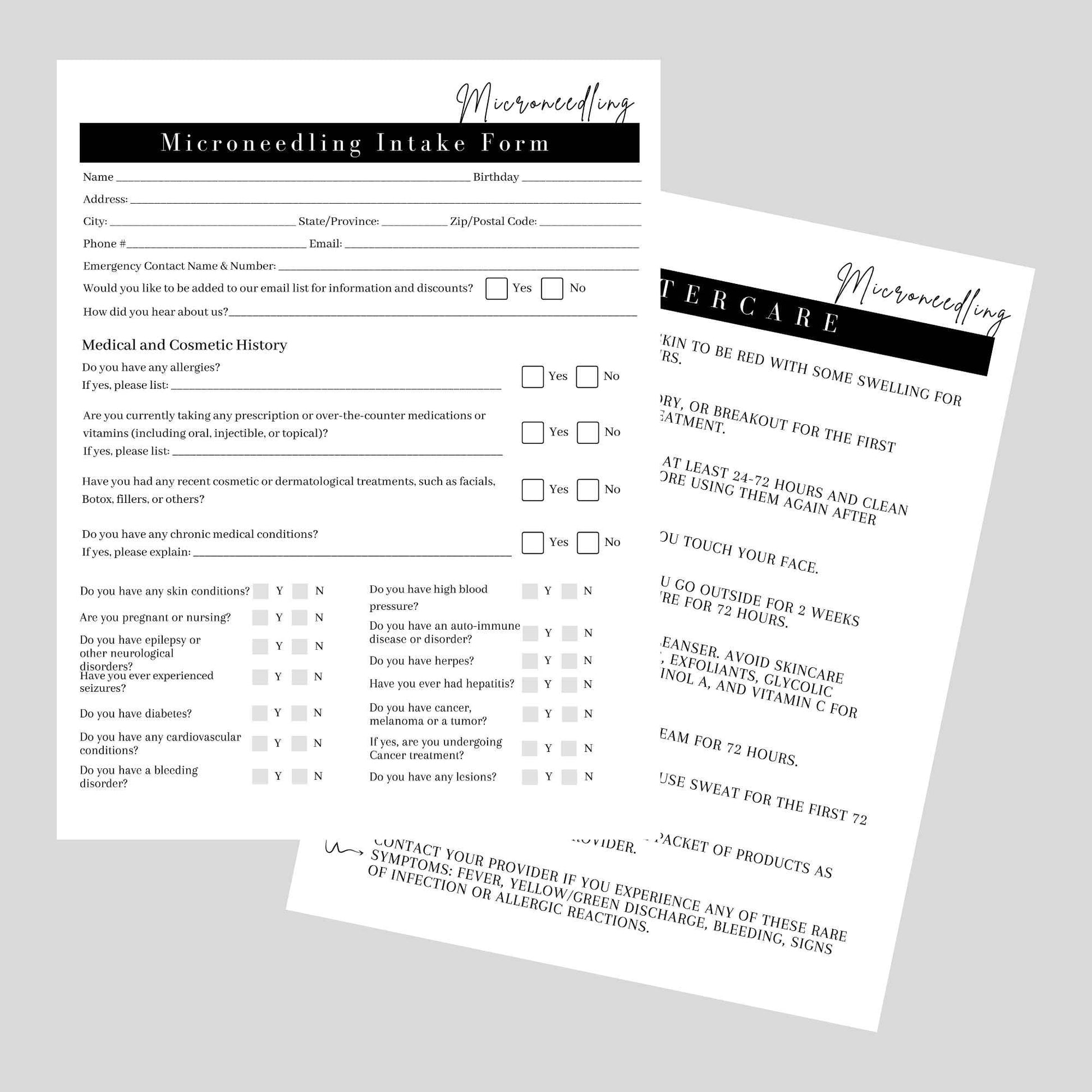 Microneedling Intake Forms, Consent, Aftercare Instructions | 75pk 25 of Each | Skin Rejuvenating Microneedling | Anti Aging, Anti Wrinkle | 8.5 x 11” Client Intake Signature Minimalist Black White