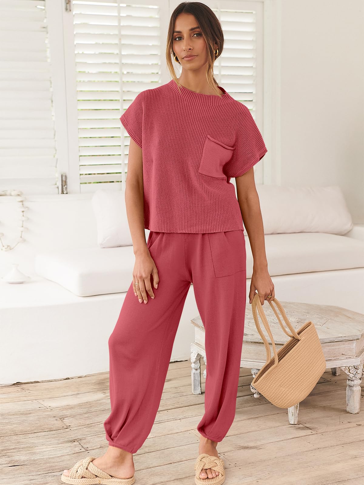 ANRABESS Women's Two Piece Outfits Knit Sweater Pullover Crop Top & Pants Lounge Matching Tracksuit Sweatsuit Sets 2024 Trendy Loungewear Clothes Hot Pink X-Small