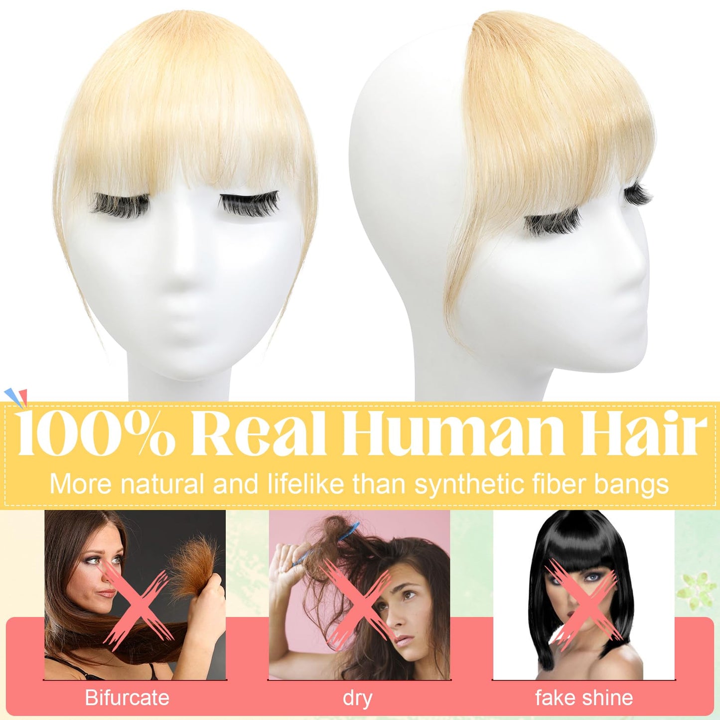 Cephermer Clip in Bangs - 100% Human Hair Wispy Bangs Hair Clip Fake Bangs Fringe with Temples Hairpieces Air Bangs for Women Bleach Blonde