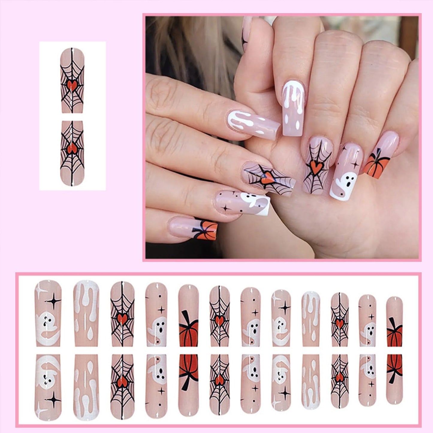 24Pcs Halloween Press on Nails Long Coffin Fake Nails Nude Pink Acrylic Nails Cute Ghost Pumpkin Spider Web Stick on Nails Supplies Full Cover Square False Nails for Women DIY Halloween Nail Decor