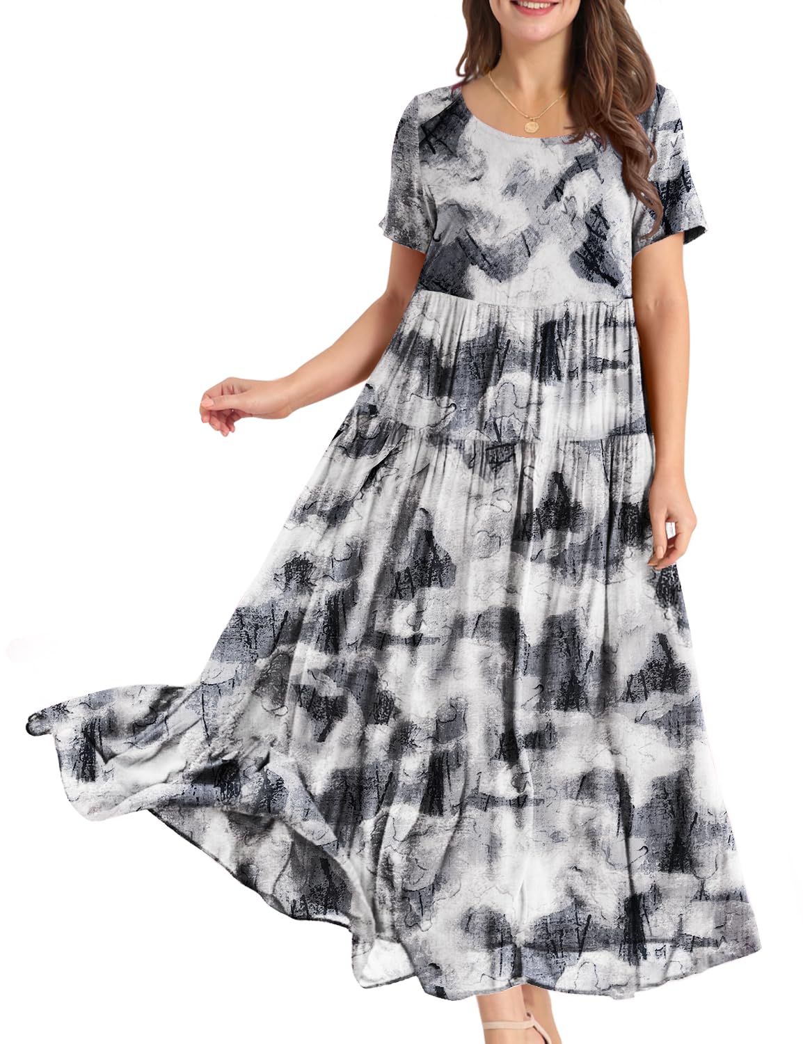 YESNO Women Casual Loose Bohemian Floral Dress with Pockets Short Sleeve Long Maxi Summer Beach Swing Dress S EJF CR419