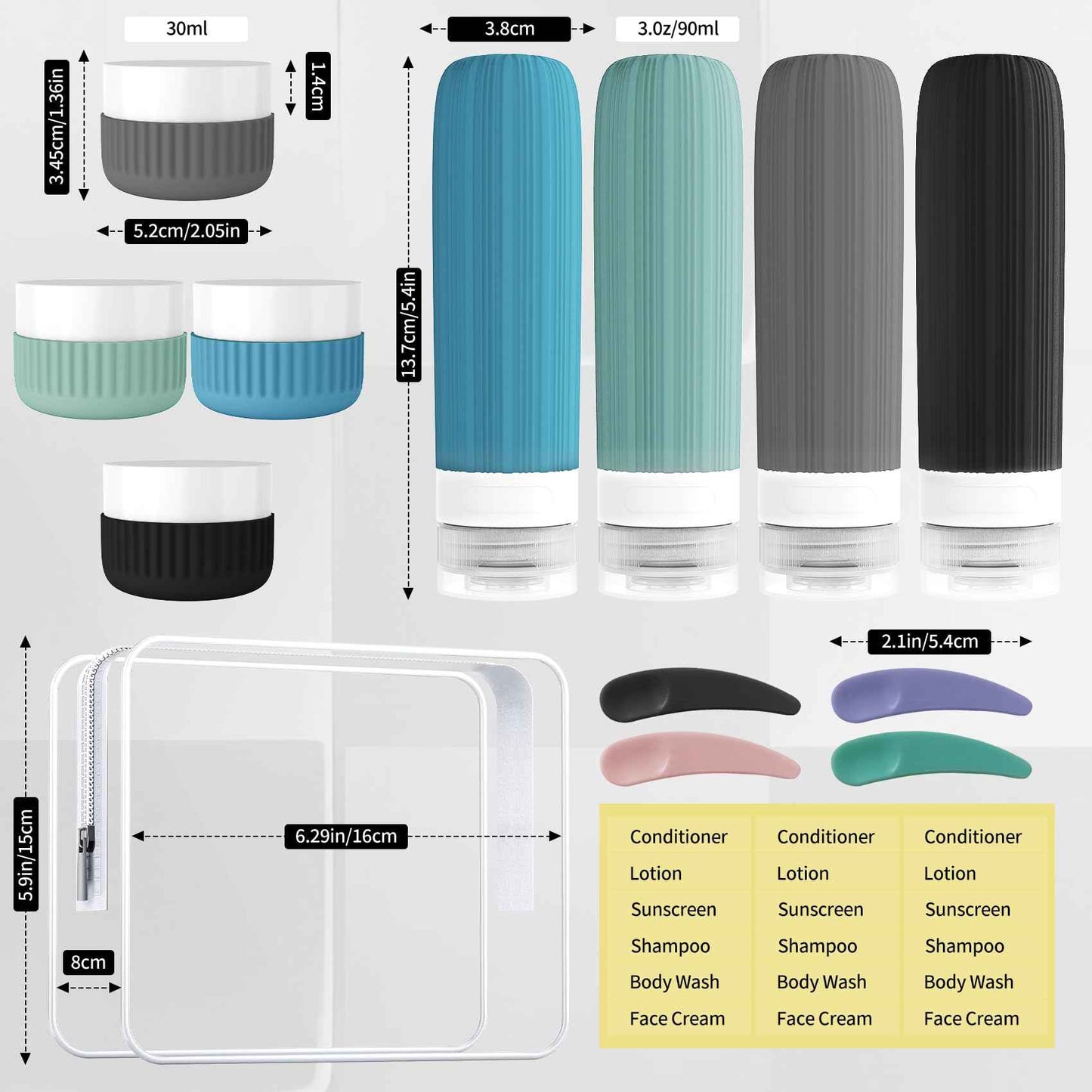 Travel Bottles for Toiletries, Leakproof Silicone Squeezable Cosmetic Liquids Bottles in Travel Size with Clear Bag, TSA Approved Refillable Cosmetic Container Kits for Shampoo and More (Blue)