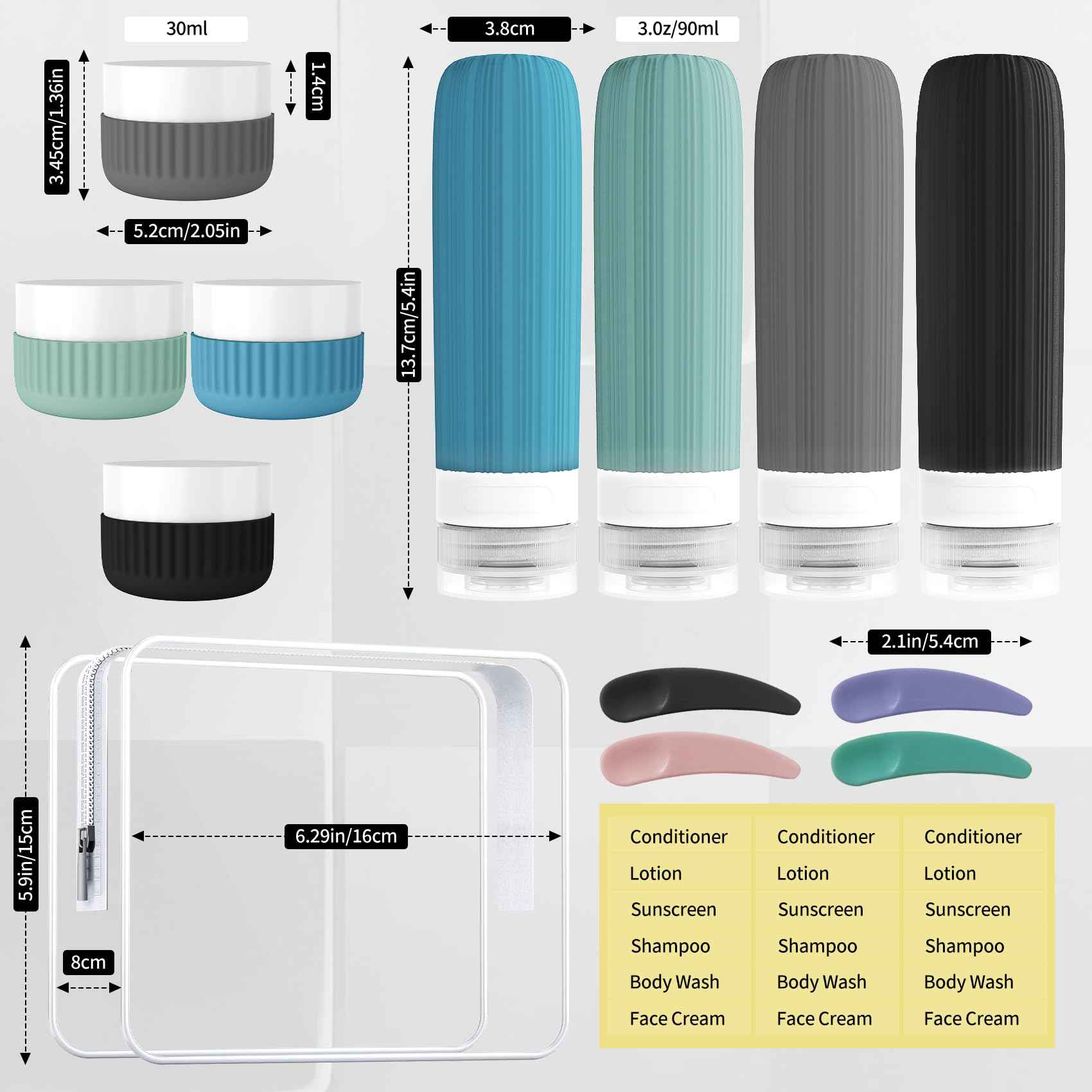 Travel Bottles for Toiletries, Leakproof Silicone Squeezable Cosmetic Liquids Bottles in Travel Size with Clear Bag, TSA Approved Refillable Cosmetic Container Kits for Shampoo and More (Blue)