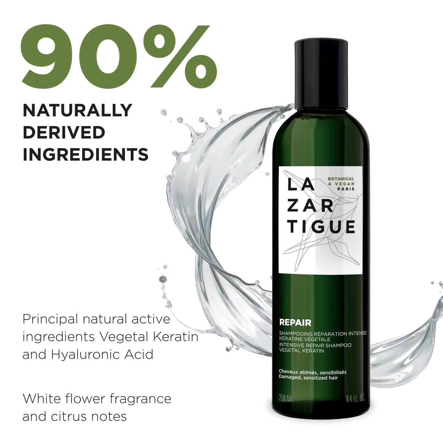 Lazartigue Repair Shampoo, Vegetal Keratin for Deep Repair & Shine, Vegan, Sulfate-Free, Silicone-Free, for Damaged Hair, Vegan, Sulfate & Silicone Free, 8.4 Fl Oz