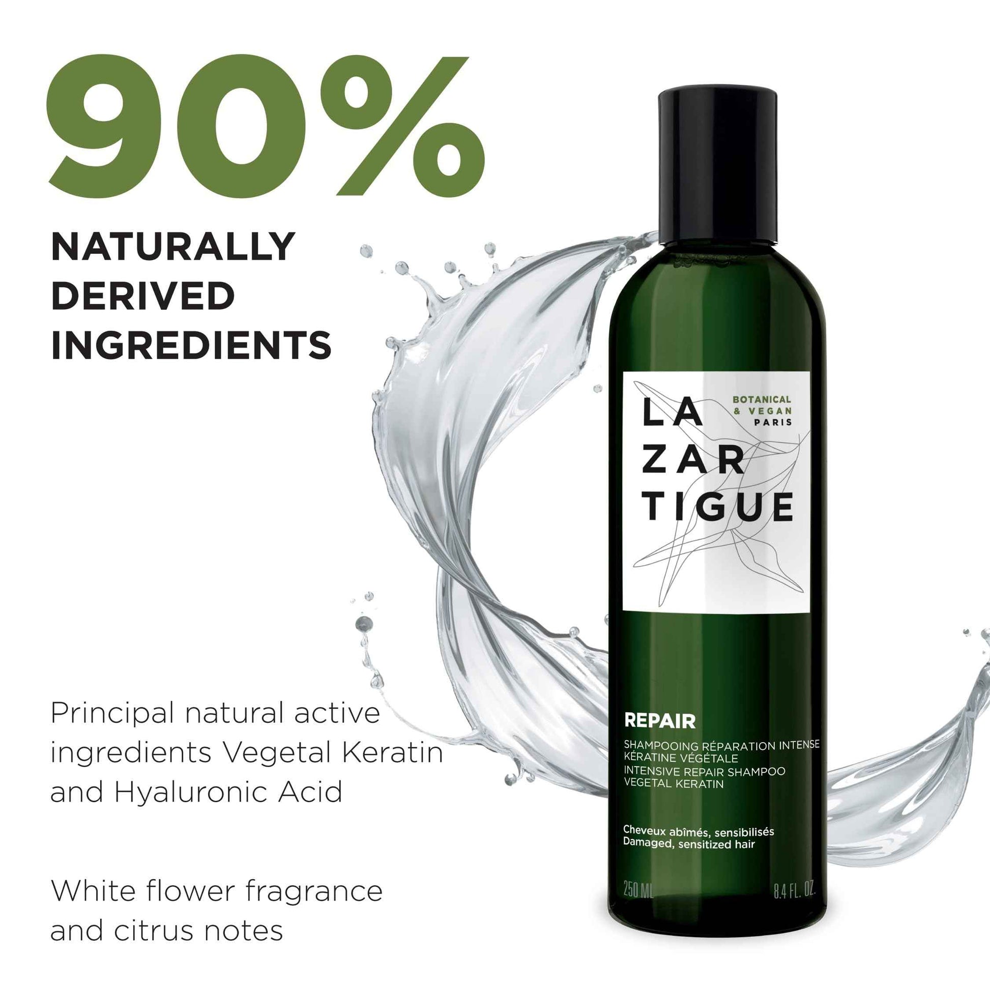 Lazartigue Repair Shampoo, Vegetal Keratin for Deep Repair & Shine, Vegan, Sulfate-Free, Silicone-Free, for Damaged Hair, Vegan, Sulfate & Silicone Free, 8.4 Fl Oz