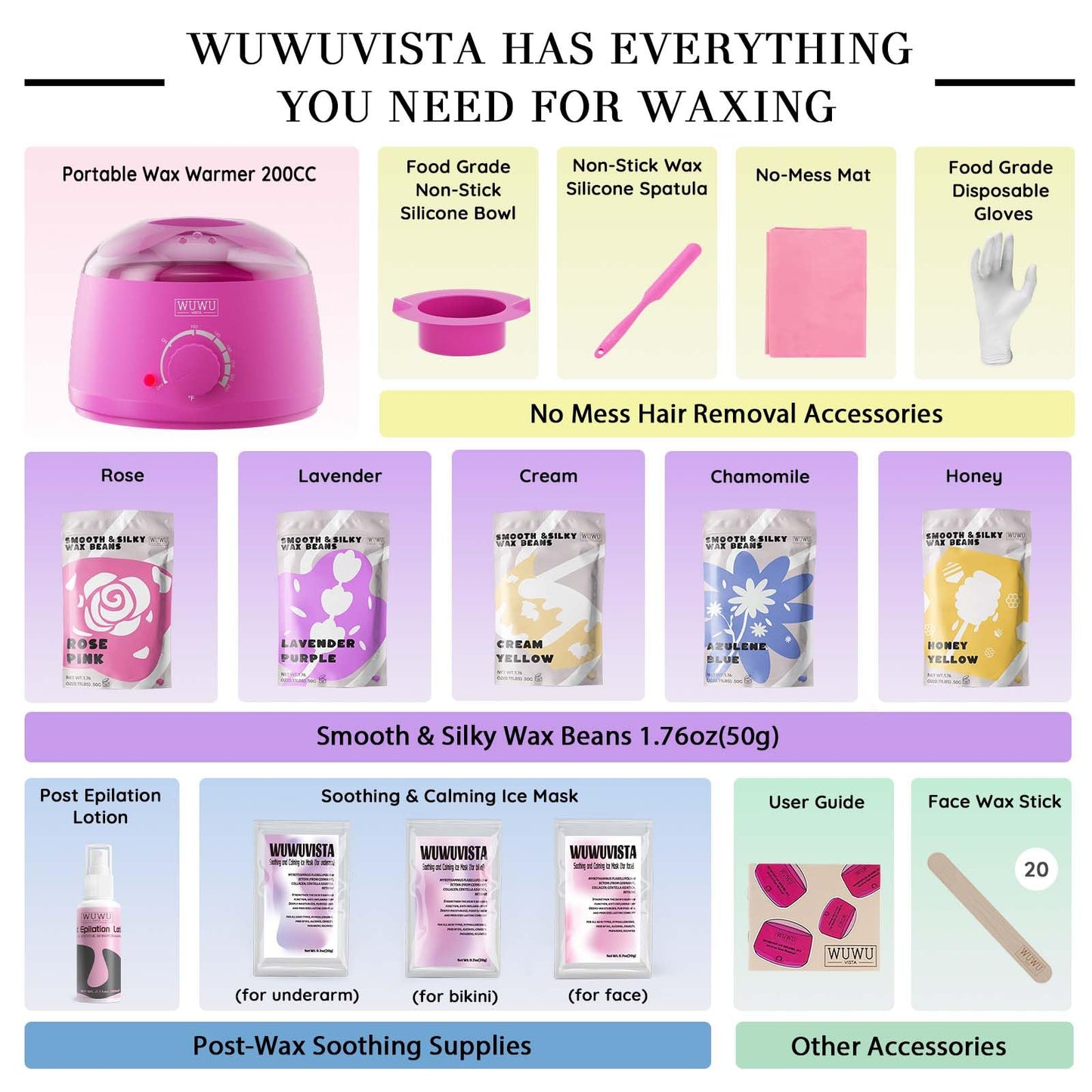 Waxing Kit, WUWUVISTA Hair Removal Hard Wax Kit with Wax Melt Warmer & Waxing Beads for Women & Men - Professional at home Wax Pot for Face/Brazilian/Full Body/Bikini/Sensitive Skin(Purple, 35 items)