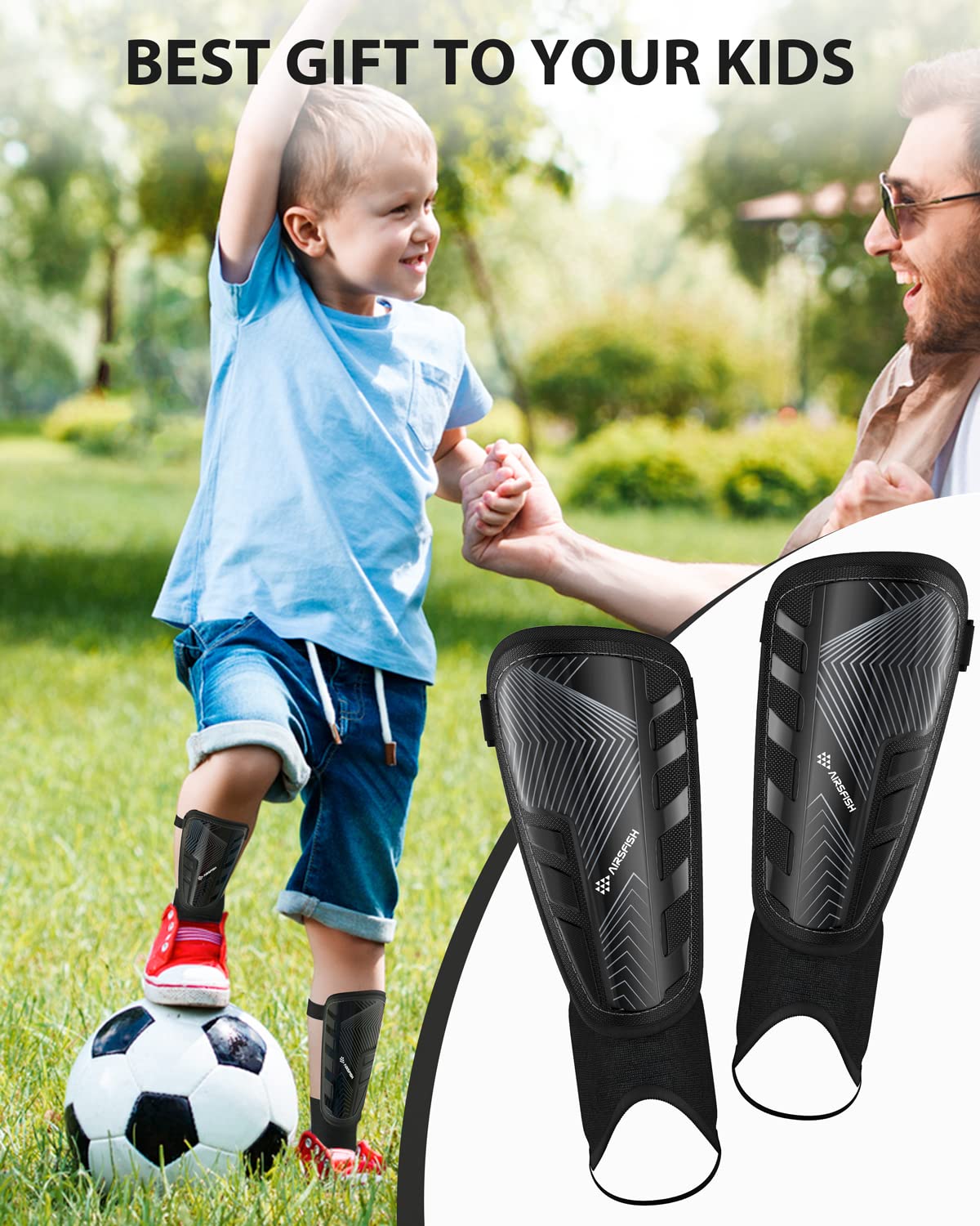 Upgraded Soccer Shin Guards for Kids Youth Adults, CE Certified AirsFish Shin Guard Sleeves Protection Gear for Boys Girls Soccer Games EVA Cushion Reduce Shocks and Injuries (S Plus, Black)