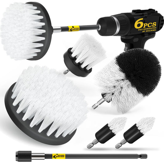 Holikme 6Pack Drill Brush Power Scrubber Cleaning Brush Extended Long Attachment Set All Purpose Drill Scrub Brushes Kit for Grout, Floor, Tub, Shower, Tile, Bathroom and Kitchen Surface White