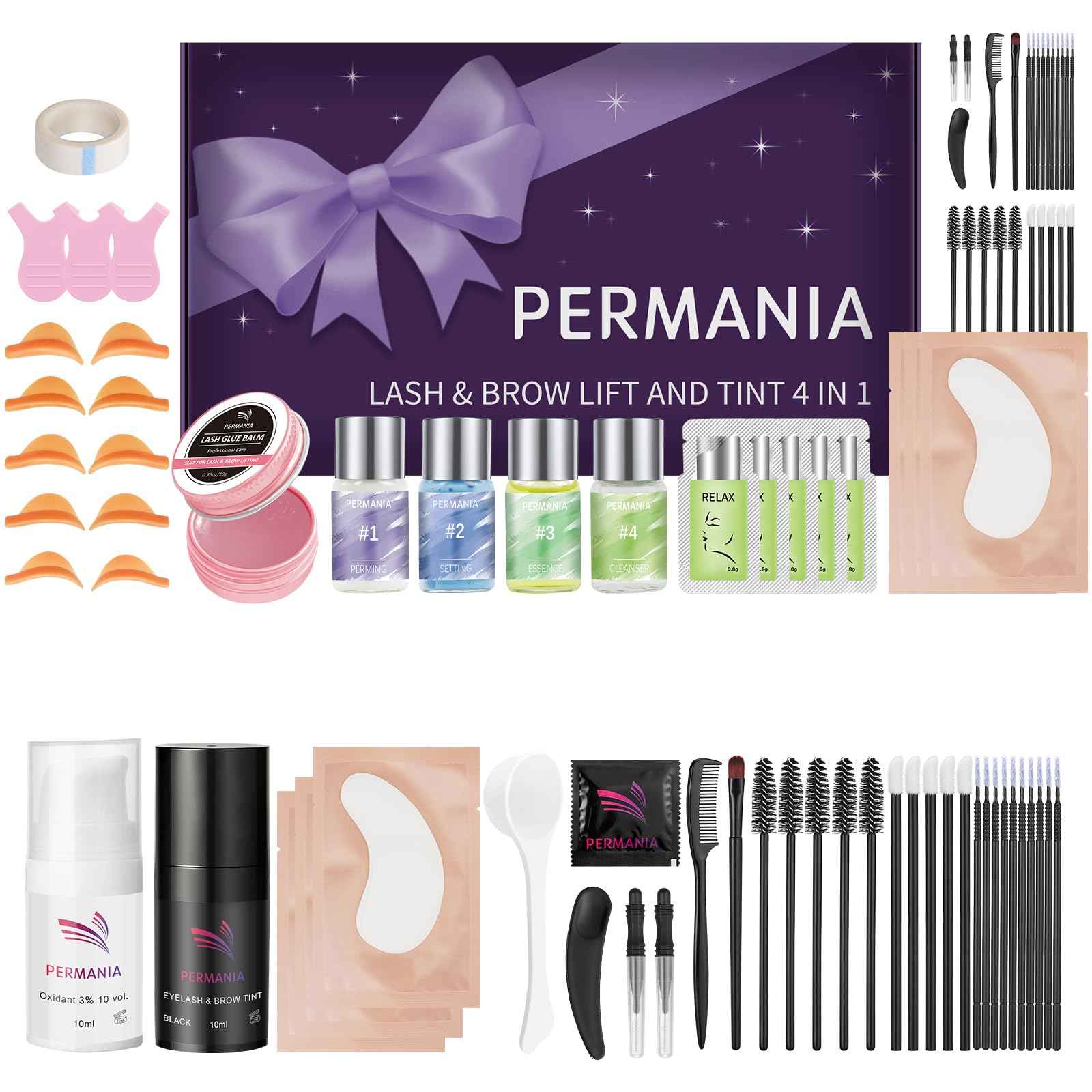 PERMANIA Lash Lift and Tint Kit, Salon Grade Supplies for Eyelash Perm and Brow Lamination Black Dye with Lash Lift Balm Curling & Coloring Natural Result