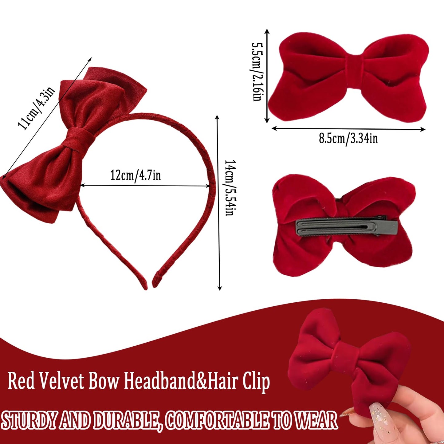 FMOYSIEN Red Bow Headband for Women Red Velvet Headband Burgundy Velet Bow Hair Clips for Valentine's Day, Christmas Party, Role Play Party Costume Decoration