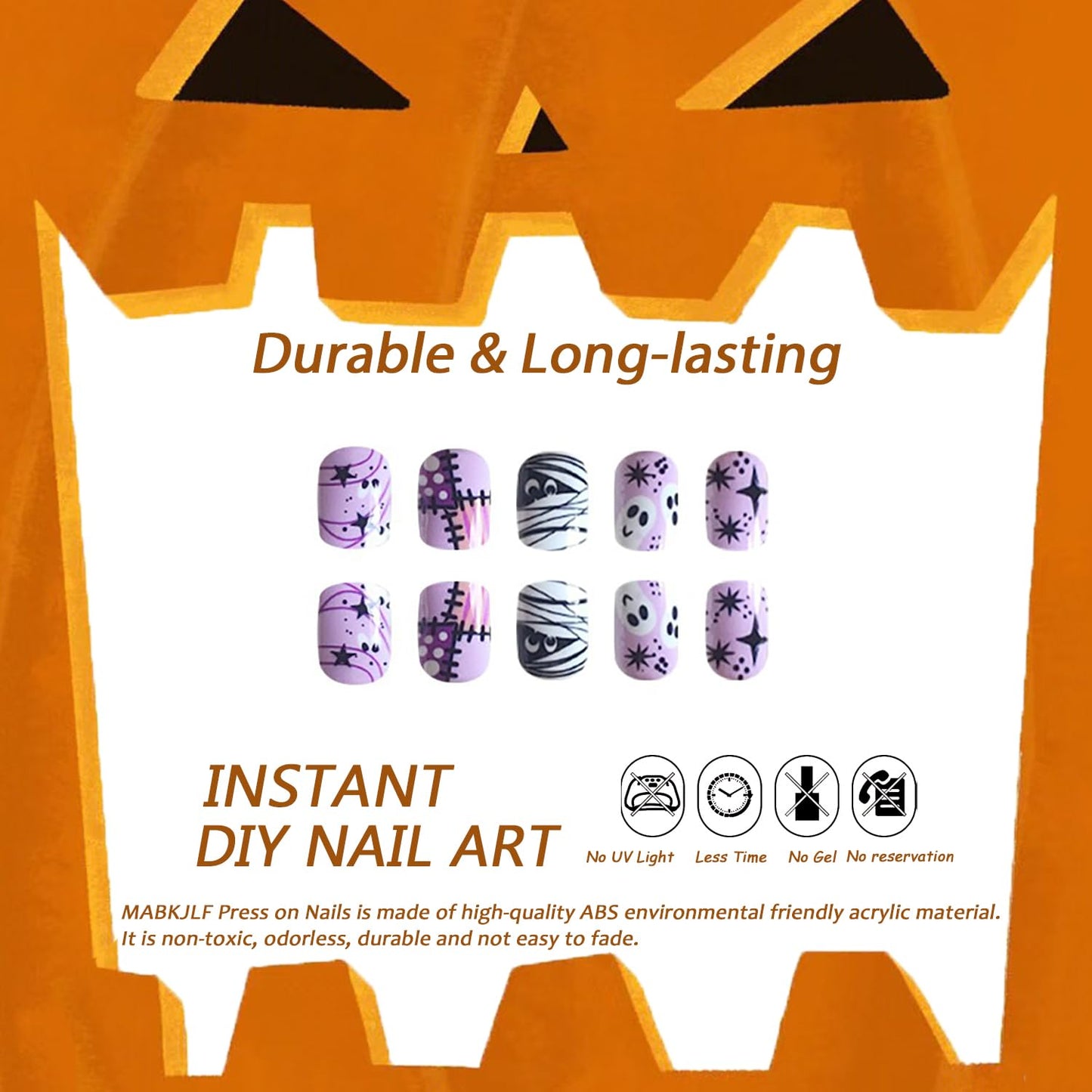 Halloween Press on Nails Short Square Mummy Fake Nails Purple Full Cover Skull Patch False Nails with Stars Designs Glossy Glue on Nails Cute Acrylic Nails Artificial Nails for Women Girls 24Pcs