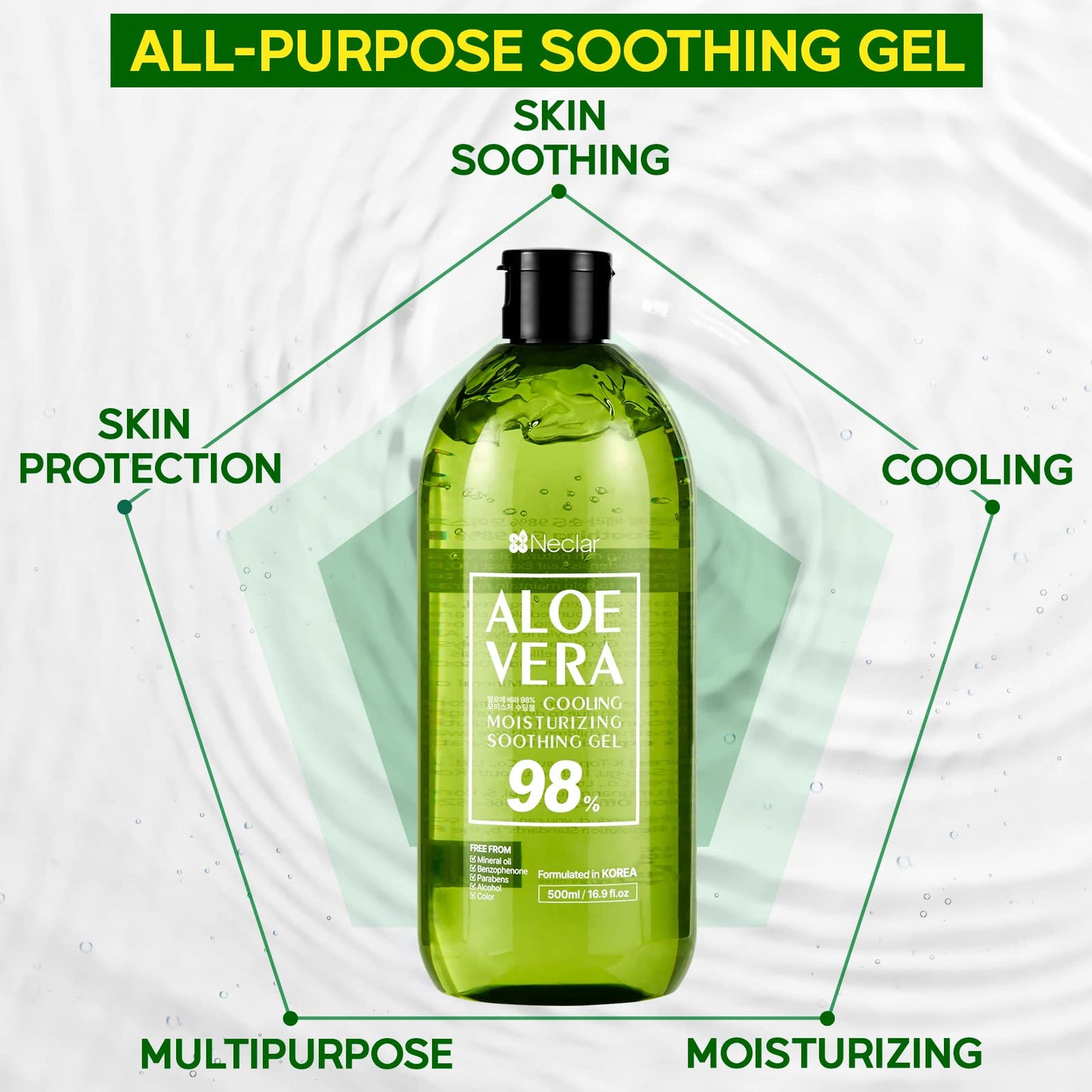 Neclar - 98% Aloe Vera Gel - Aloe Vera Soothing gel - 16.9 Fl oz - Aloe Vera Gel sunburn relief - Pure Aloe Vera Gel for face - Aloevera gel