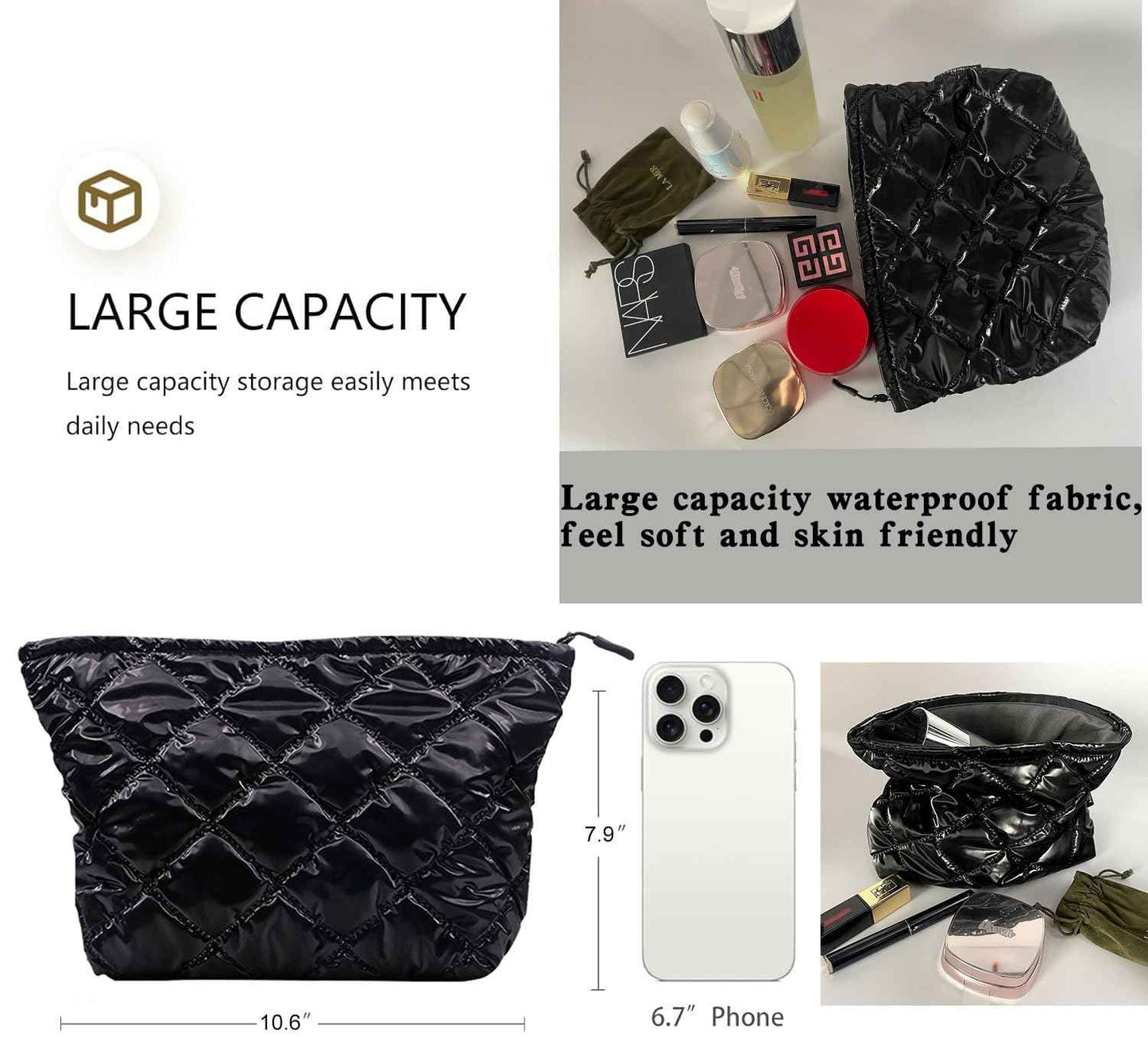 WANNES Cute Cosmetic Bag for Women, Soft and Fluffy Travel Makeup Bag with Durable Zipper, Essential Skincare and Toiletry Organizer Pouches (Black)