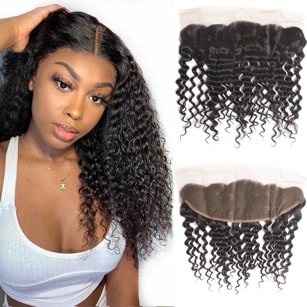 Odir 13x4 Lace Frontal Deep Wave Human Hair 180% Density Unprocessed 9A Deep Curly Virgin Hair 13x4 Ear to Ear Lace Closure Frontal with Baby Hair Natural Color 16 Inch