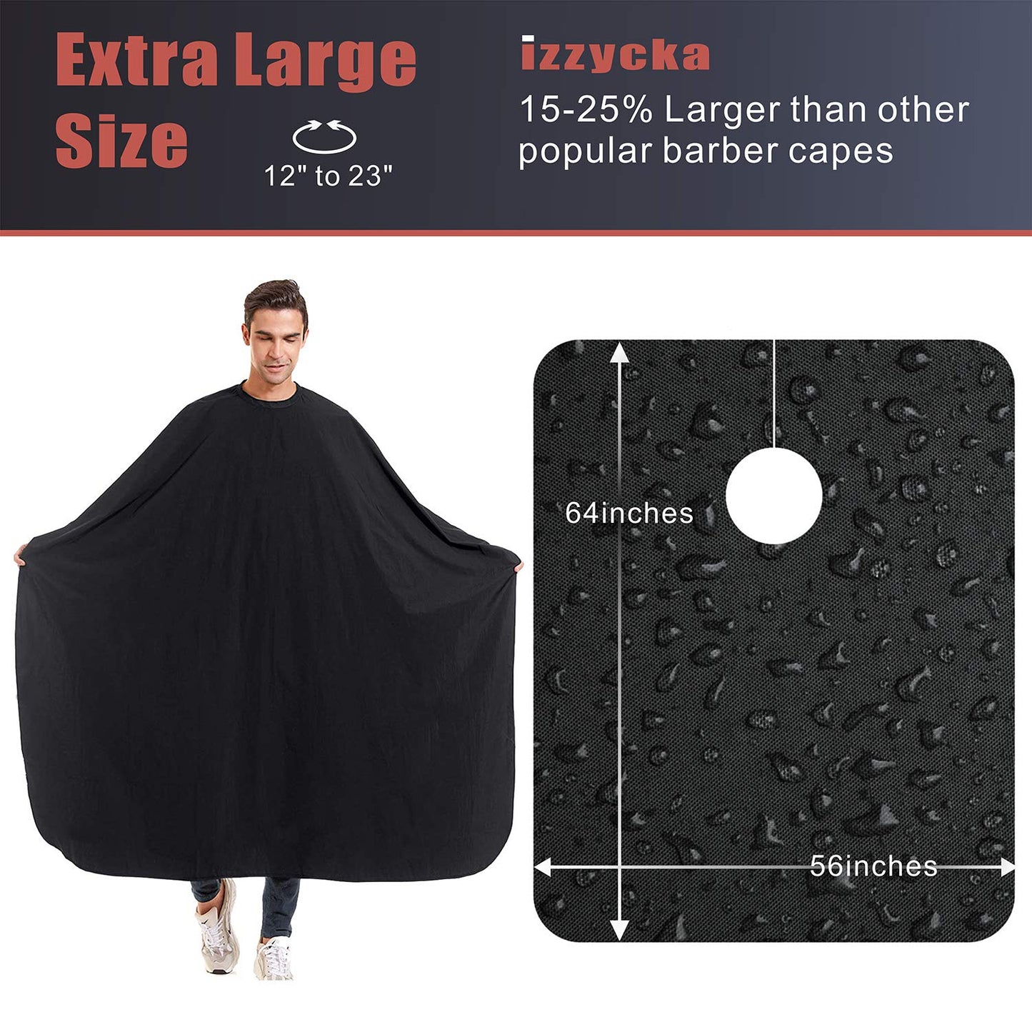 izzycka Nylon Barber Cape 64"x56" Waterproof Salon Large Hair Cutting Cape Haircut Cape for men With Adjustable Snap Closure Color Capes Professional Stylist Hairdresser apron adults Black