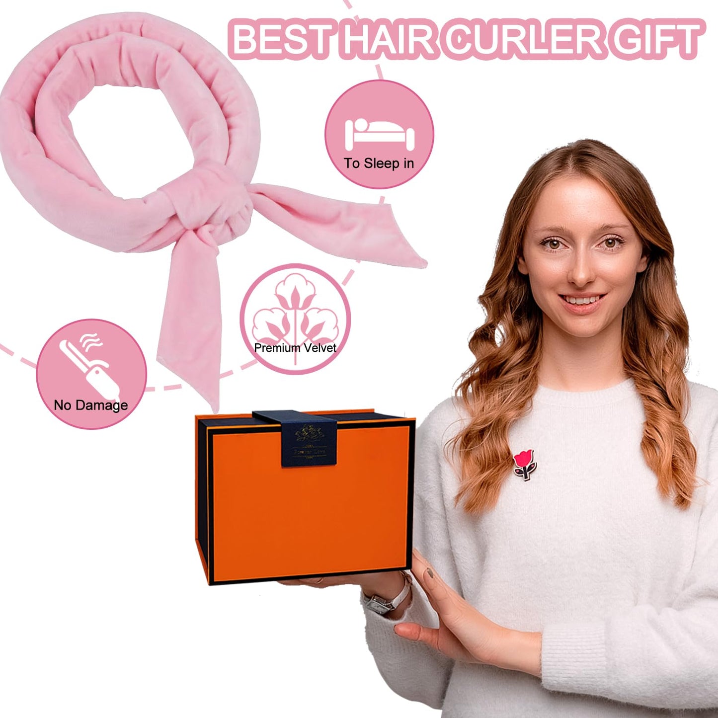 Extra-Long Overnight Heatless Curling Headband for Long Hair, No Heat Curlers to Sleep In (Pink-Giftbox)