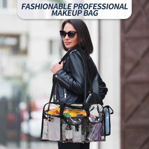 Abbylike 2 Pcs Large Professional Clear PVC Travel Makeup Bag with 4 External Pockets and Shoulder Strap Zippered Toiletry Bags for Women(Black)