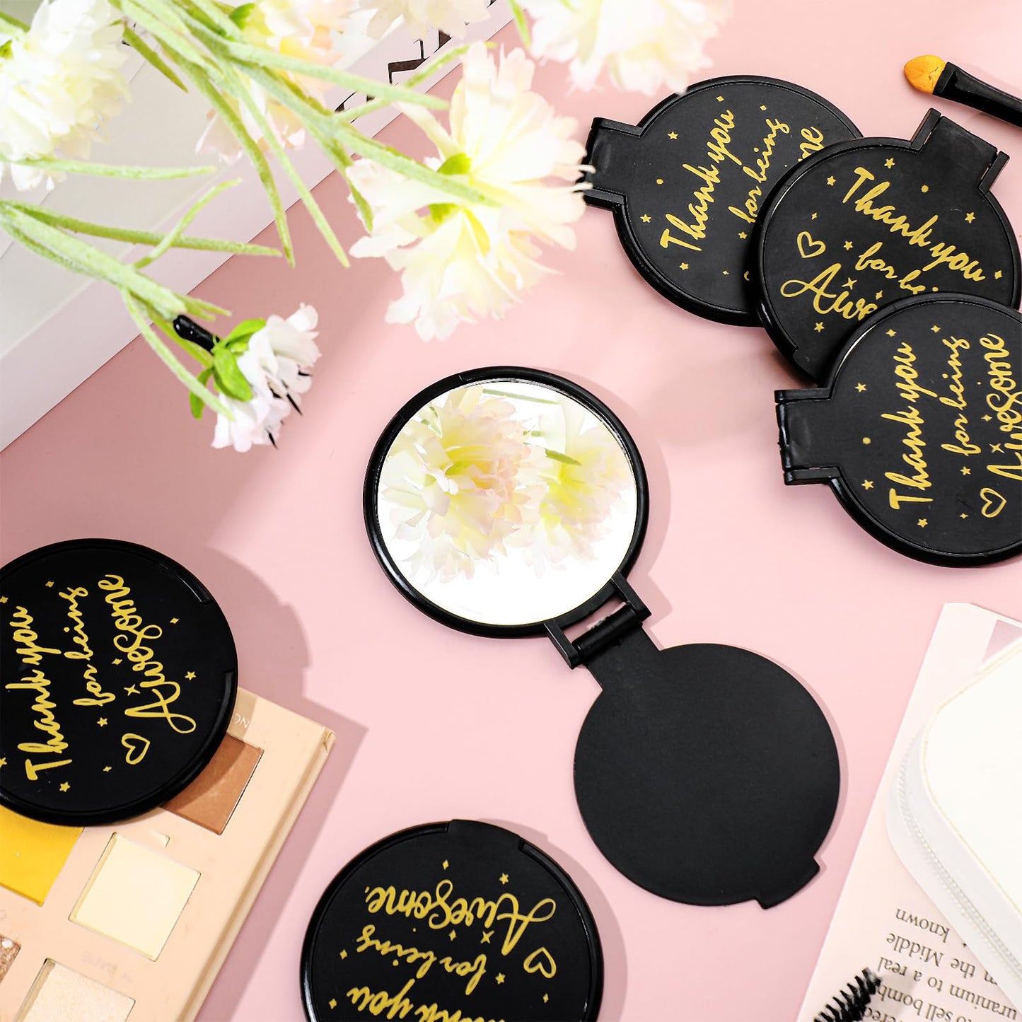 Huwena 100 Pcs Thank You Compact Mirror Bulk Gifts for Women Small Inspirational Pocket Purse Mirror Mini Round Portable Folding Makeup Employee Appreciation Gift for Christmas Coworkers Travel