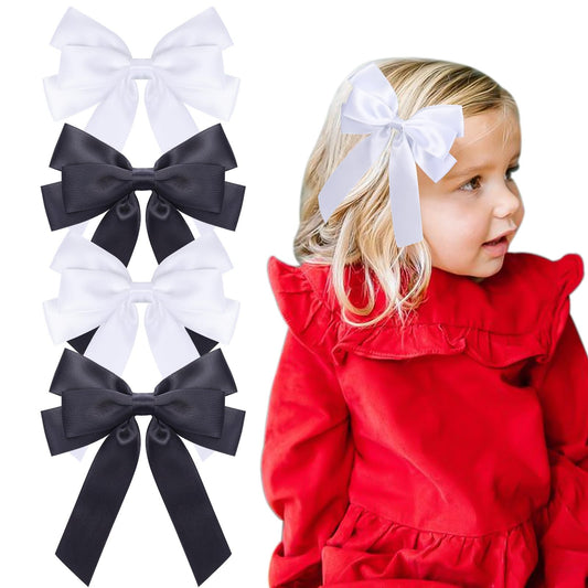 4pcs Hair Bows for Girls,Black Satin Hair Clips White Silk Hair Bow Ribbon Hair Accessories for Baby Toddlers Infant Teens Kids