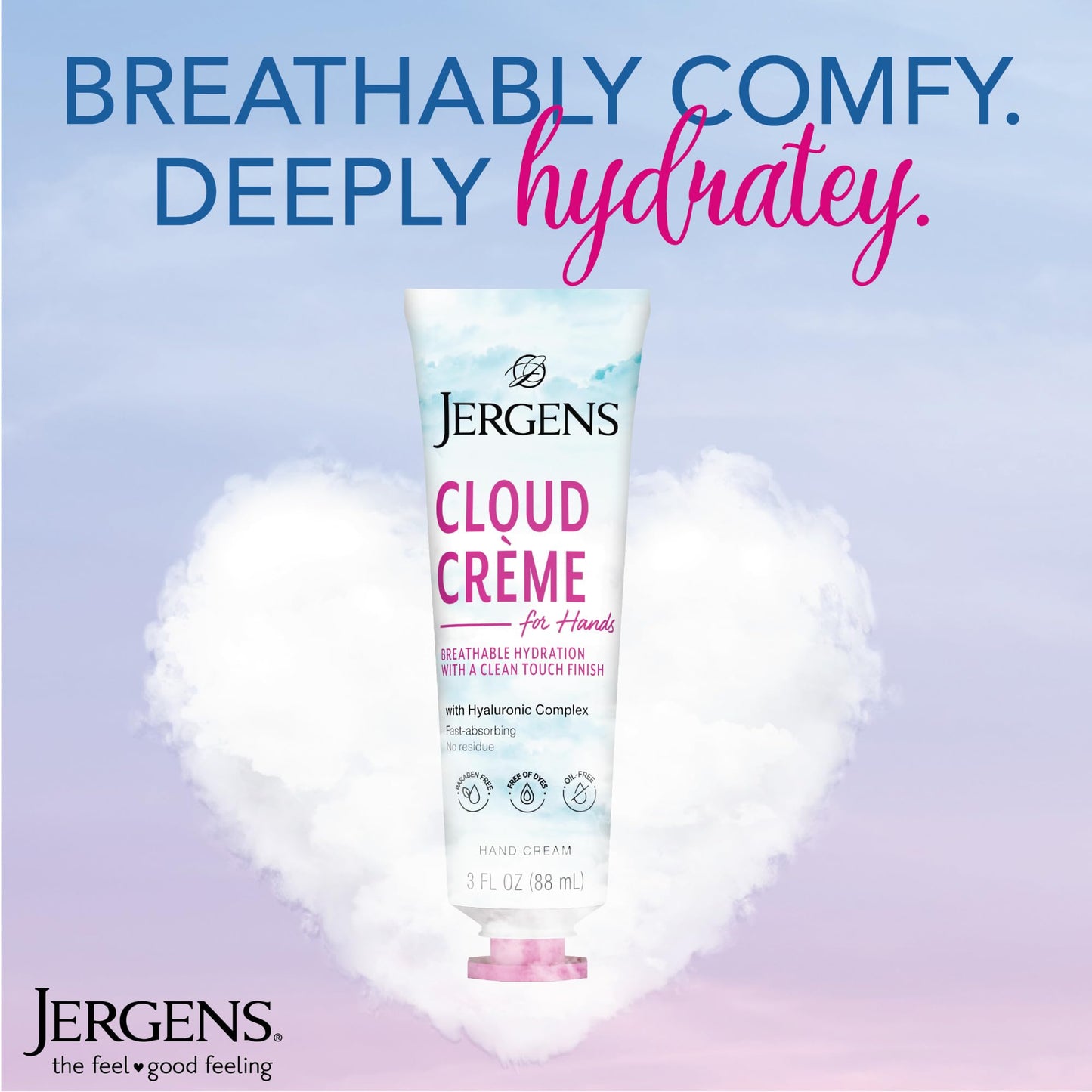 Jergens Cloud Creme Hand Cream for Dry Hands, Lotion with Hyaluronic Complex, Non-Greasy Moisturizer & Breathable Light Formula, 3 oz